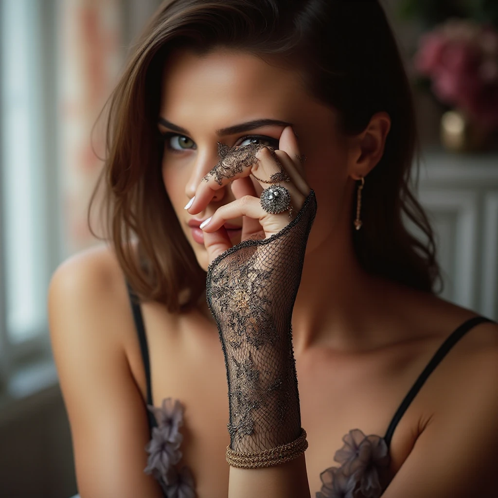 ((masterpiece,best quality, detailed)), Beautiful woman wearing lace gloves，性感short glove，Sunscreen gloves，short glove，Sexy woman，In a quick hotel room