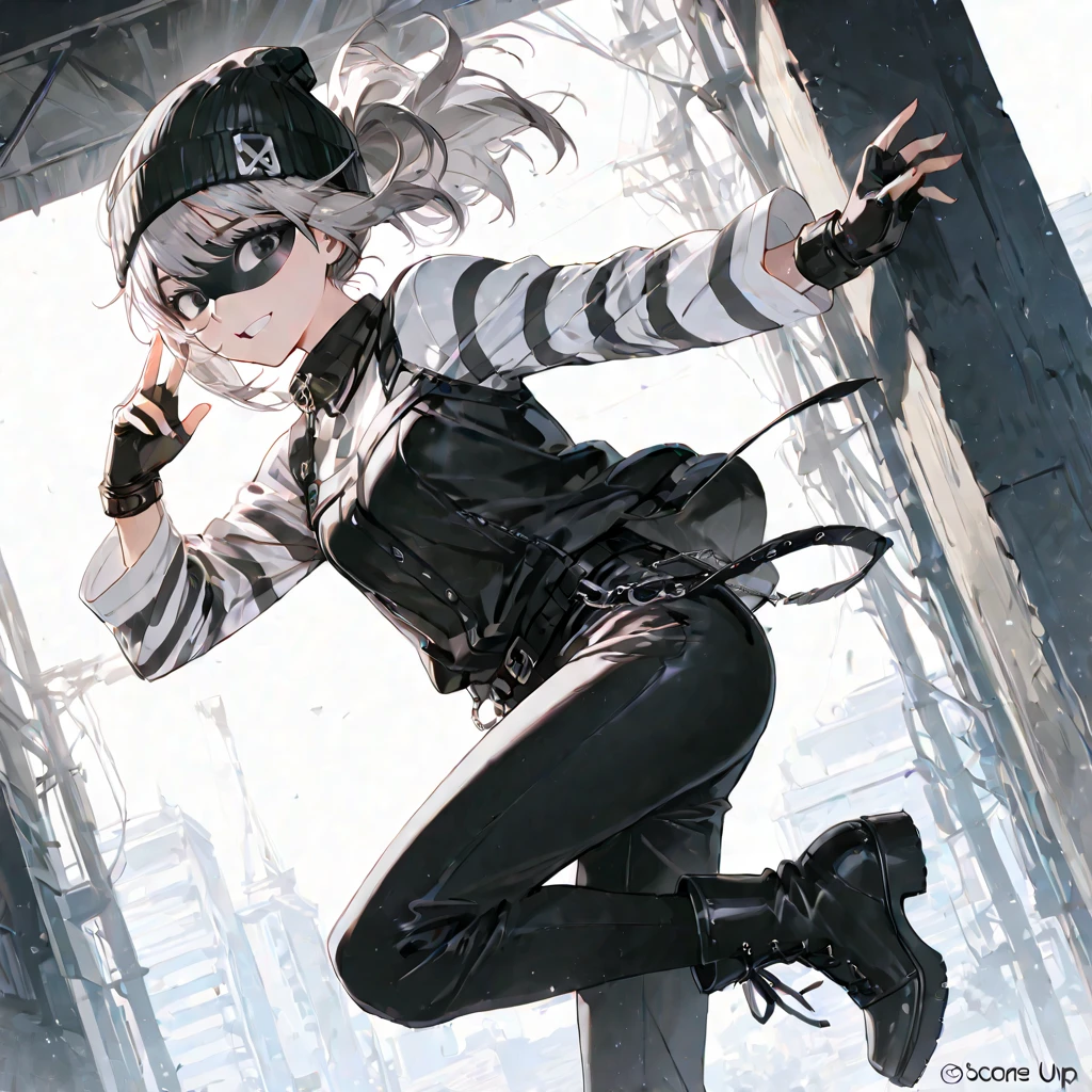 ((masterpiece, best quality)), ((1girl)), (white crop top), ((black open hoodie)), ((black short jeans)), (fishnets), (black military boots), ((dark brown long straight hair)), brown cat ears, serious, black eyes, rosy cheeks, (black choker with spikes), (black gothic beanie), dynamic angle, city background