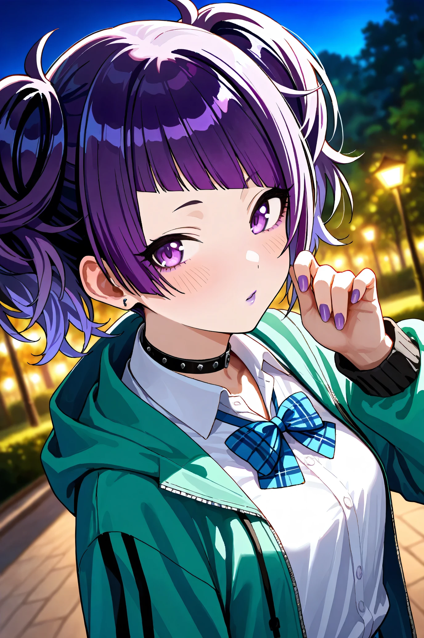 (Masterpiece:1.2), (Highest quality:1.1), (Very detailed),
(The best shape), (Best shadow), (Absurd),
(Detailed Background), (So beautiful), Shiny,
Beautiful eyes in every detail, Extraordinary, Countershading, 8k, 32K, High resolution,
Very Detailed CG, UHD,
Score_9, Score_8_up, Score_7_up, Source_anime,
(Pastel painting:1.2), (Watercolor painting:1.2),
(Masterpiece, Detailed:1.2), (Foreshortening:1.2),
Cinematic, Dramatic, (Depth of field:1.4),
(Blurry background:1.4), (Realistic background:1.4),
1 girl, Solo, Dynamic angle,
Nature, Park, Night,
Tanaka Mamimi,
the idolmaster shiny colors,
tnkmmm, purple hair, short twintails, blunt bangs, diagonal bangs, purple eyes, medium breasts, small breasts,
(School uniform:1.3),
Open hoodie, Green hoodie, Solid hoodie,
Collared shirt, Long sleeve shirt, White shirt,
Indigo ribbon, Butterfly ribbon,
Choker, Purple nail, (Purple lips:1.1),
(Blush:1.3),
Portrait, Upper body, Look back, Close up shot,
Focus on face,
Realistic skin,
Shiny skin,