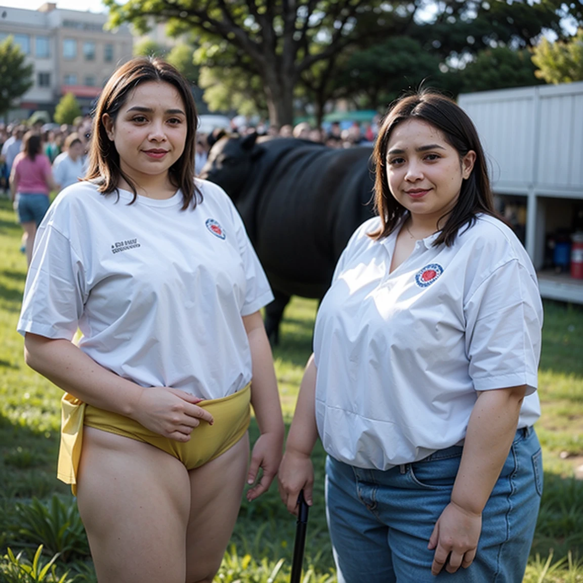  a woman padded different bra and shorts  saree,big cheeks, curvy, hourglass figure, swooping breasts, deep cleavage, angle face, round face,fair skin,open arms, sexy armpits,big penis, nipples, ass, necklace, natural pose, simple pose,(cinematic:1.3),there are two brown cows standing behind a wire fence, two large horns on the head, two small horn on the head, two horns on the head, cows, both men and cattle, scottish style, cow horns, two little horn on the head, red horns, scottish, 🦩🪐🐞👩🏻🦳, by Julian Hatton,