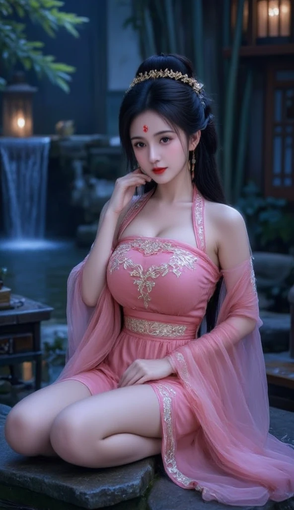 ((top-quality、masutepiece、8K、Top image quality、Highly complex and detailed depictions))、(The most gorgeous Chinese prostitute goddess:1.5)、Pregnancy、Chinese garrison house at night、((The most gorgeous prostitute goddess huge costume、the most vivid and luxurious costumes、big long costume、The most luxurious and huge garrison、An unimaginably luxurious garrison、purple and pink garrison、Depicted with a huge and luxurious garrison in the background、Huge guruhouse at midnight、Very complex decoration、very clear garrison))、(View me、Bewitching smile、Perfect makeup、long eyelashes、pink lipsticks、Pink eyeshadows、perfect anatomia、Biggest smile)、(A clear background of a huge garrison:1.3)