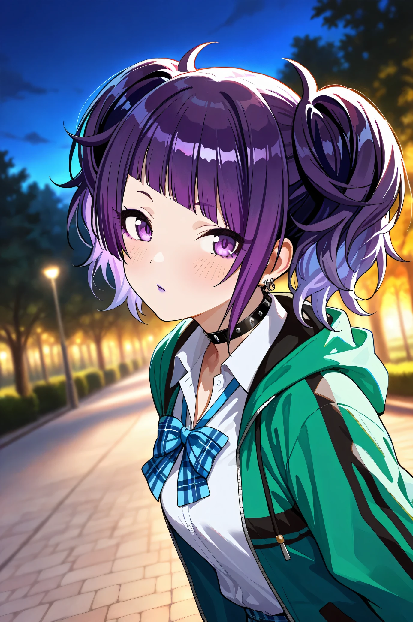 (Masterpiece:1.2), (Highest quality:1.1), (Very detailed),
(The best shape), (Best shadow), (Absurd),
(Detailed Background), (So beautiful), Shiny,
Beautiful eyes in every detail, Extraordinary, Countershading, 8k, 32K, High resolution,
Very Detailed CG, UHD,
Score_9, Score_8_up, Score_7_up, Source_anime,
(Pastel painting:1.2), (Watercolor painting:1.2),
(Masterpiece, Detailed:1.2), (Foreshortening:1.2),
Cinematic, Dramatic, (Depth of field:1.4),
(Blurry background:1.4), (Realistic background:1.4),
1 girl, Solo, Dynamic angle,
Nature, Park, Night,
Tanaka Mamimi,
the idolmaster shiny colors,
tnkmmm, purple hair, short twintails, blunt bangs, diagonal bangs, purple eyes, medium breasts, small breasts,
(School uniform:1.3),
Open hoodie, Green hoodie, Solid hoodie,
Collared shirt, Long sleeve shirt, White shirt,
Indigo ribbon, Butterfly ribbon,
Choker, Purple nail, (Purple lips:1.1),
(Blush:1.3),
Portrait, Upper body, Look back, Close up shot,
Focus on face,
Realistic skin,
Shiny skin,