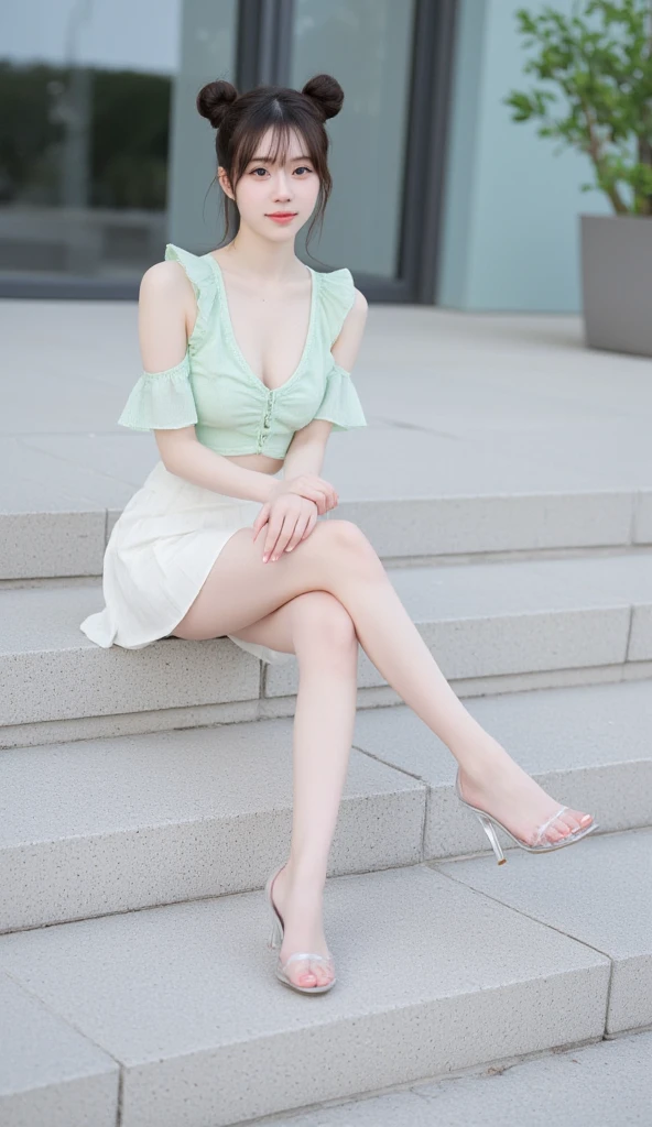 (8K, Realistic, RAW Photos, Highest quality: 1.4, detailed),Japanese idol-style beautiful girl,1 person,18-year-old,(Short Bob),(Silver Hair :1.1),She has her hair tucked behind her ears,Large, clear grey eyes,Long eyelashes,(piercings(small)),(Lip gloss),lips(Plump,glossy),(Lace tube top),(A short, see-through jacket),(Sheer layered flared skirt),Long legs,Barefoot and high heels,Cafe terrace with a view of the Japanese garden,(Sit on a chair(Spread your legs wide :1.2,Lean forward on the chair with your hands between your legs.)),Smiling at the camera,Front view,Full body portrait