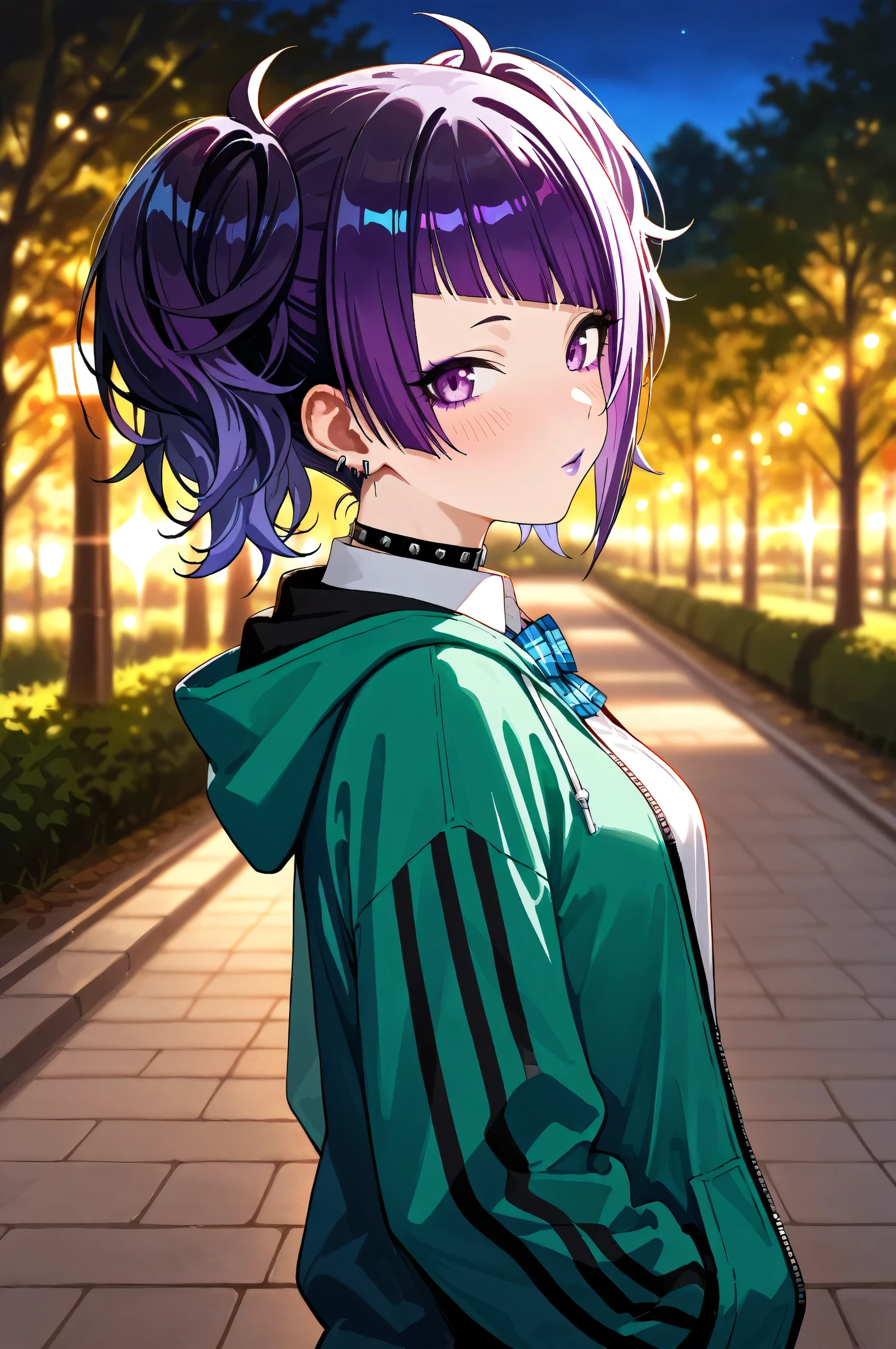 masterpiece, best quality, solo, (little girl), purple hair, curly hair, cowboy shot,
 smile, standing, flat chest, t-shirt, miniskirt, playground,