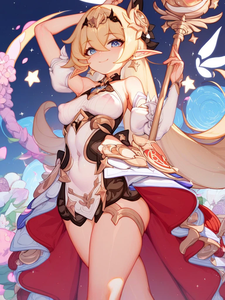Blonde Elf girl dual wielding daggers, azure eyes, elf ears, mercenary outfit, long sword on the back, big earrings, highheels, white leggings, skintight, show bellybutoon, armsleeves, cleavage, fairy, winter, tree, fog in the background, ullbodyshot, whole body in shot, pink painted nails, nail polish, very detailed, high quality, cute face, detailed hair, (best quality), (masterpiece: 1.1), (very detailed CG unity 8k wallpaper: 1.1), (color: 0.9), (panoramic shot: 1.4), (single: 1.2), (splashed ink), (splashed color), ((watercolor)), clear and sharp focus, anatomically correct, toned body, very detailed anatomy, big ass, big thighs, glossy lips, wet looking lips, very detailed eyes, chibi, semi-realistic, . sexy