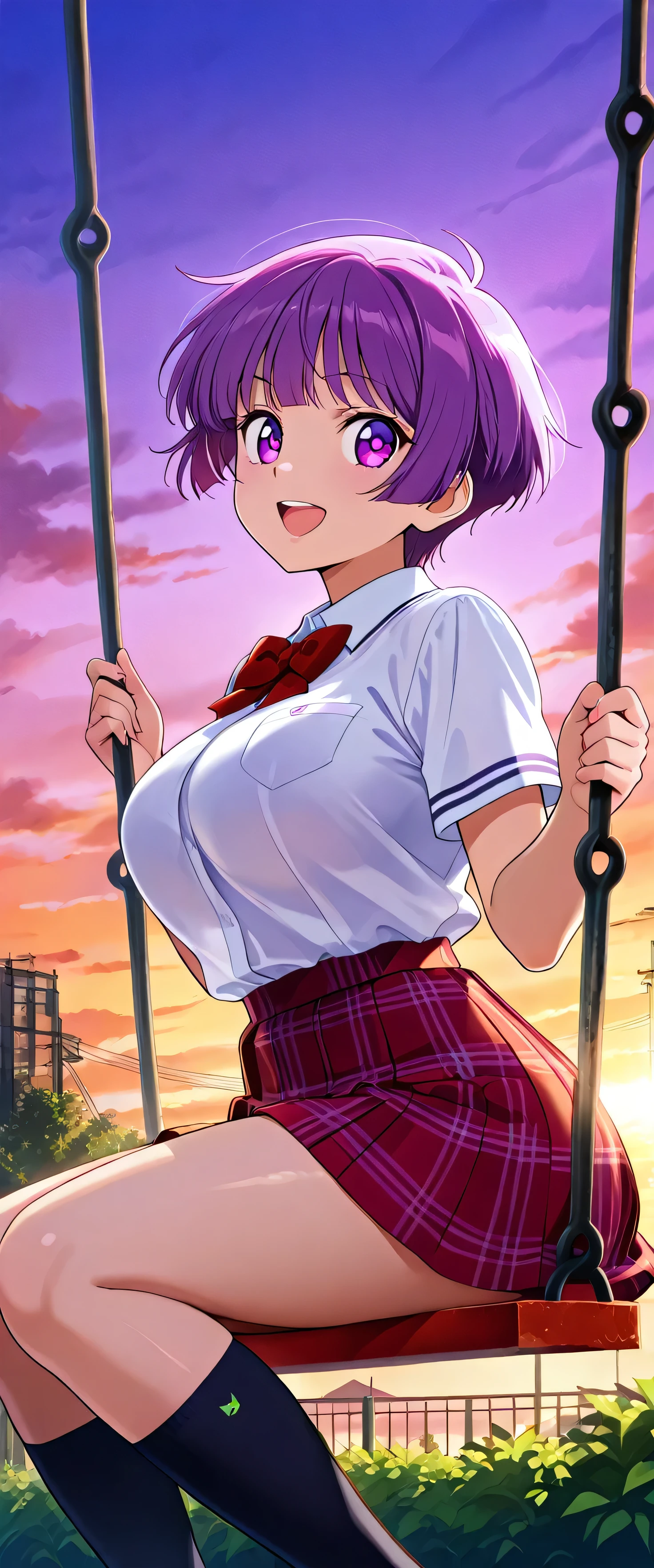 (beautiful girl:1.3),masterpiece,Please redeem,Ultra-high resolution,rich contrast,Very high quality,8k,Highly detailed CG unit wallpaper,Texture,So ridiculous,RAW Photos,Highest quality anime,anime-style illustration,studio anime style,professional photograph,an extremely delicate and beautiful,Depth of written boundary 1.2,ultra-detailed eyes,Glowing Skin,Glitter Effect,Beautiful glossy lips,patchouli knowledge, 1girl , alone, purple hair,very short hair, purple eyes,(school uniform, short sleeve shirt, summer style with light fabric, plaid skirt),((( round eyes , big eyes))), big breasts,Big Round Ass,garden,sunset,lens flare,( best smile),(Open your mouth wide), swing,(She's on the swing)