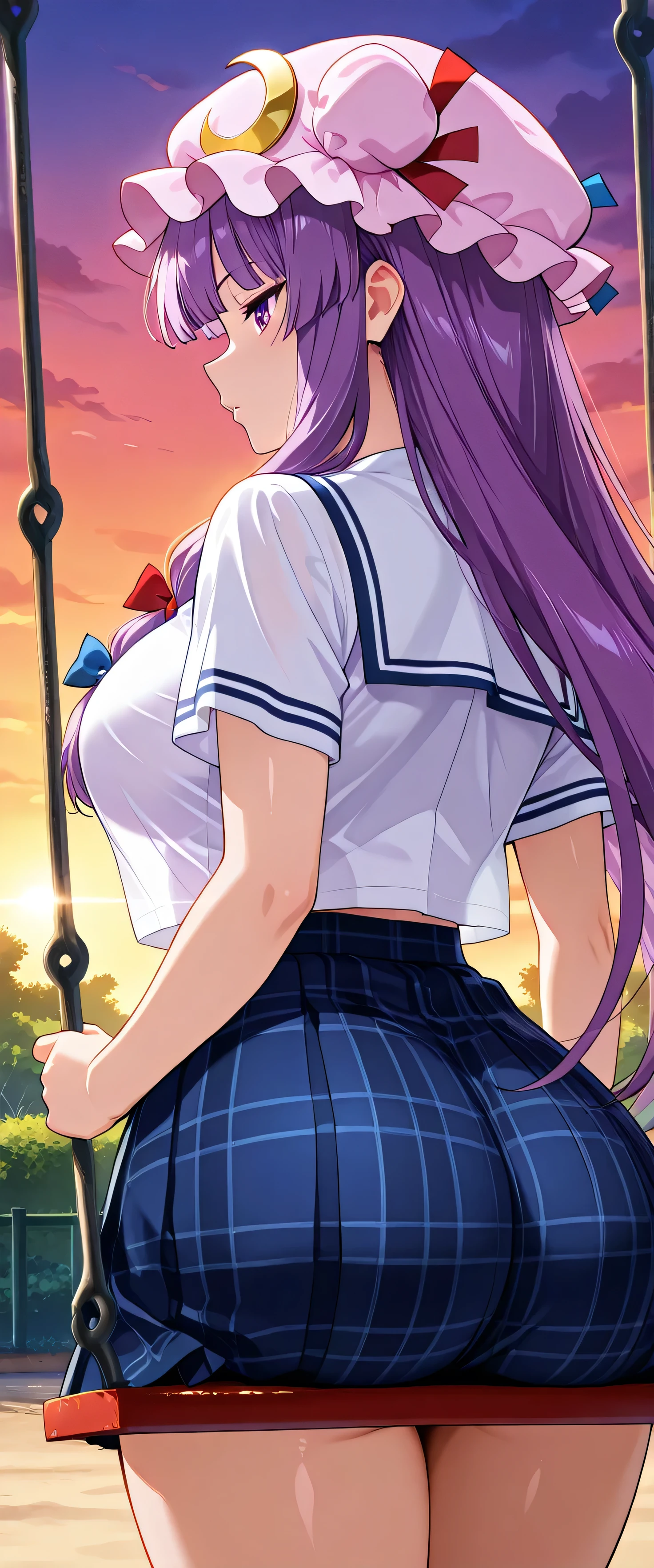 (beautiful girl:1.3),masterpiece,Please redeem,Ultra-high resolution,rich contrast,Very high quality,8k,Highly detailed CG unit wallpaper,Texture,So ridiculous,RAW Photos,Highest quality anime,anime-style illustration,studio anime style,professional photograph,an extremely delicate and beautiful,Depth of written boundary 1.2,ultra-detailed eyes,Glowing Skin,Glitter Effect,Beautiful glossy lips,patchouli knowledge, 1girl , alone, purple hair,very short hair, purple eyes, mob cap, pink headwear, crescent hat ornament, blue bow, red bow, hat ribbon, hair bow, Crescent Pin, red ribbon, (school uniform, short sleeve shirt, summer style with light fabric, plaid skirt),, big breasts,Big Round Ass,garden,sunset,lens flare,swing,(She's on the swing),(profile:1.5),(butt close-up:1.5)