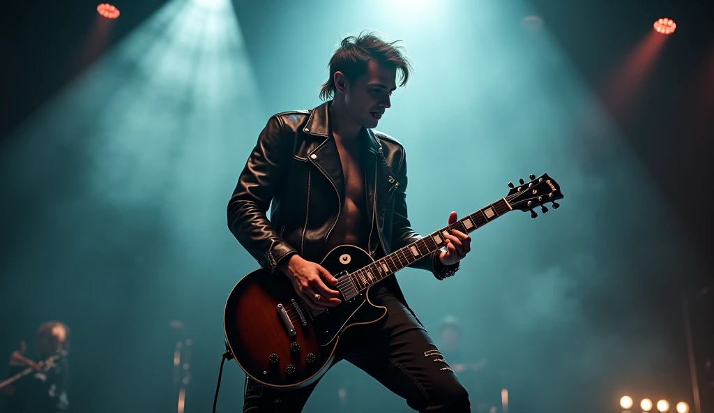 Realistic photo of rock musician in leather jacket, shirtless singing with a guitar and on a stage