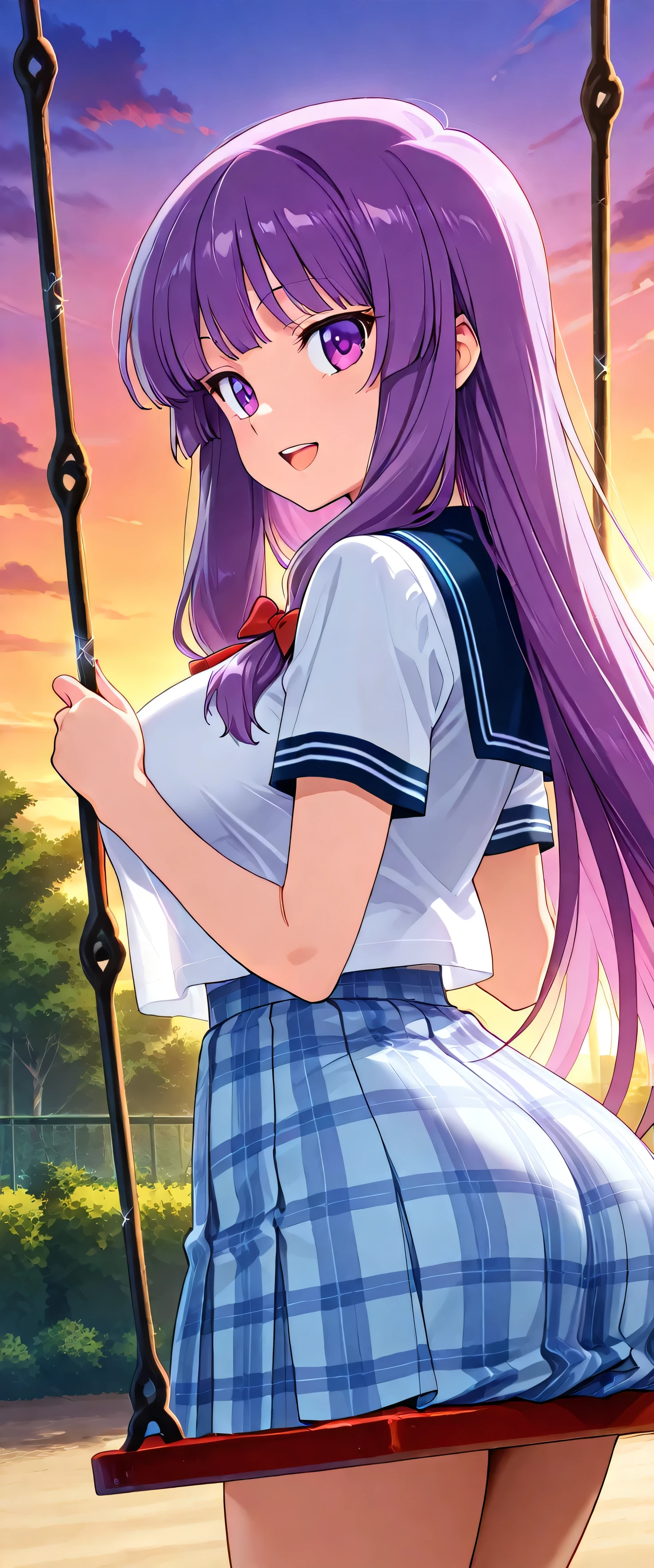 (beautiful girl:1.3),masterpiece,Please redeem,Ultra-high resolution,rich contrast,Very high quality,8k,Highly detailed CG unit wallpaper,Texture,So ridiculous,RAW Photos,Highest quality anime,anime-style illustration,studio anime style,professional photograph,an extremely delicate and beautiful,Depth of written boundary 1.2,ultra-detailed eyes,Glowing Skin,Glitter Effect,Beautiful glossy lips,patchouli knowledge, 1girl , alone, purple hair,very short hair, purple eyes,(school uniform, short sleeve shirt, summer style with light fabric, plaid skirt),((( round eyes , big eyes))), big breasts,Big Round Ass,garden,sunset,lens flare,( best smile),(Open your mouth wide), swing,(She's on the swing)
