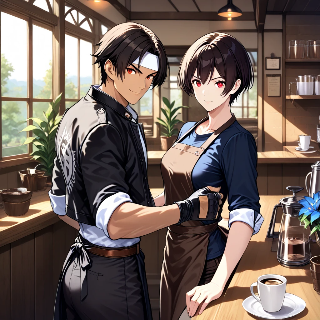 (Masterpiece), Best Quality, Perfect face, 2 Topless Hairy Shota Dogs, flushed, naked apron, serving food and drinks, coffee shop, innocent , Ribbons, restaurant, apron pulling,