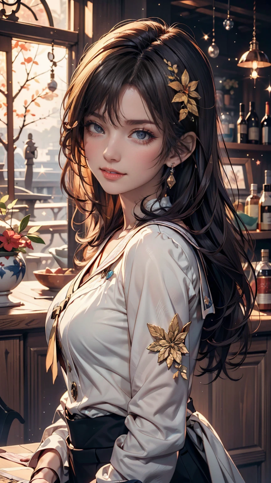 (absurdres, highres, ultra detailed),Masterpiece,intricate details,Best quality,8k,Realistic face,anime girl,Realistic skin texture,magnified textures, stunning clarity, ultra detailed eyes and face,tareme,midduem hair,Shaggy hair、brown hair,fair skin,purple eyes,tareme,look at viewer,mad,fantasic camisole,Inside the laboratory,A cauldron as big as a man,poison々Fresh boiling liquid,(smugness:1.8), mad scientist、Experimenting、Many bottleany books、Lots of modern experimental equipment,Lots of plants、Lots of specimens,midnight,Ponytail