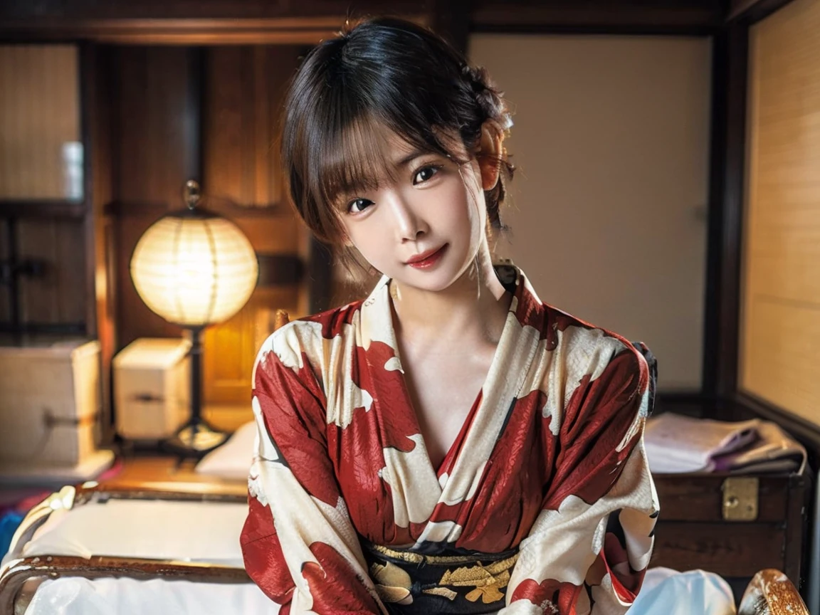 (realistic:1.3), finely detailed, quality, rembrandt lighting, (masterpiece:1.2), (photorealistic:1.2), (best quality), (detailed skin:1.3), (intricate details), dramatic, ray tracing, 1girl, japanese girl, 21 years old, detailed skin texture, (blush:0.5), (goosebumps:0.5), subsurface scattering, smiling, medium breasts, short hair curls, bangs, hair between eyes, seiza, kneeling, leaning forward, looking up, (indoors, tatami room, japanese classical room), <lora:Concept_Seiza-LookingUp:1>