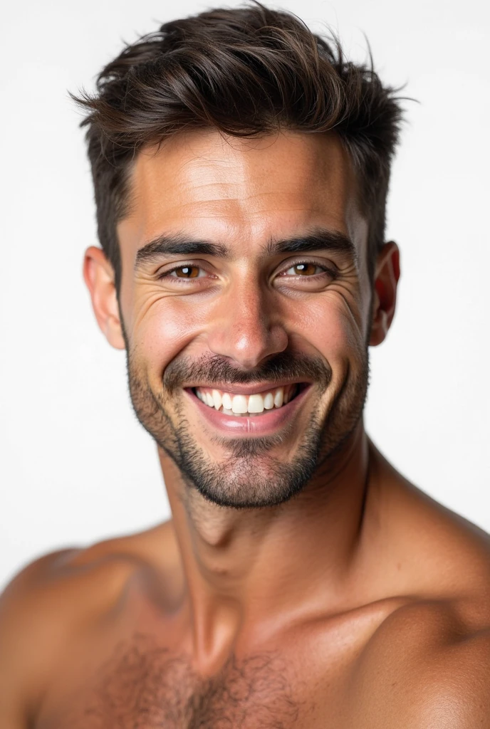 (photorealism:1.2), beautiful man, Brown-haired, swarthy, light brown eyes, tall, muscular body, beautiful hands, beautiful teeth, beautiful smile, beard , Sees the body
