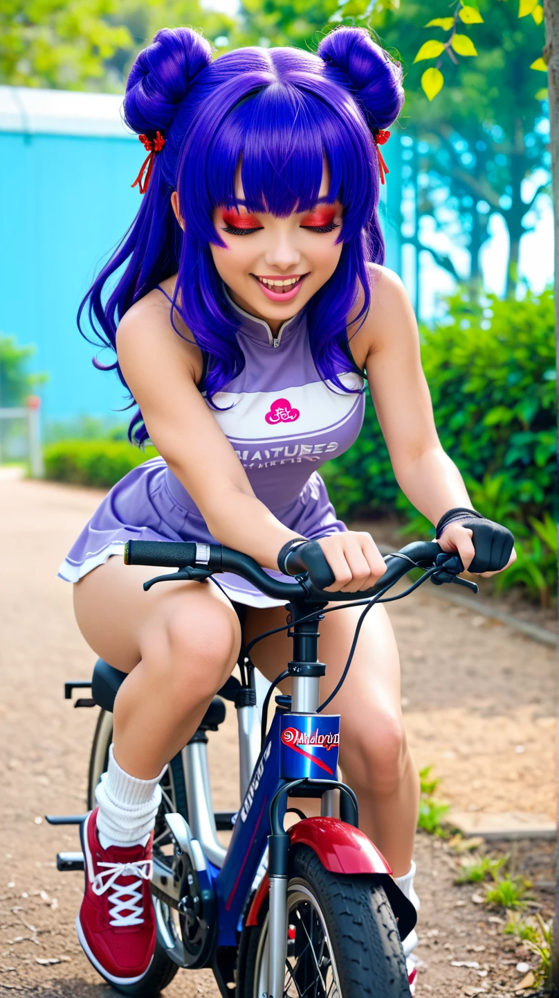 Cute redhead, gravure Idol, with rainbow colored hair tips, ribbons in her hair, 18-year-old woman, happy, in twin tails, perfect symmetrical eyes, clear sparkling blue eyes, pale skin, silky smooth skin, French countryside, mountain backdrop, wearing a futuristic party dress, pleated (chemise) mini dress (pastel rainbow colors, and polka dots), wearing full body pantyhose, cute short cut booties. Riding a bike