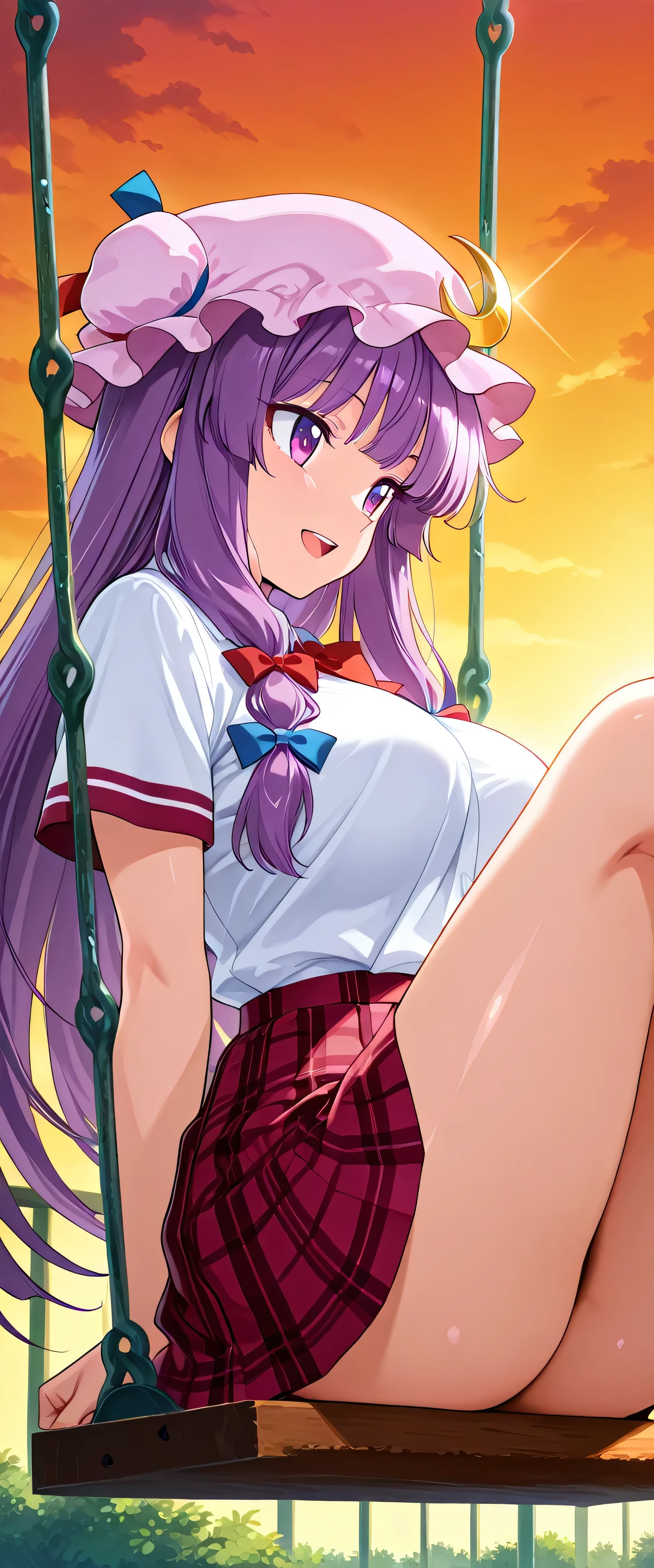 (beautiful girl:1.3),masterpiece,Please redeem,Ultra-high resolution,rich contrast,Very high quality,8k,Highly detailed CG unit wallpaper,Texture,So ridiculous,RAW Photos,Highest quality anime,anime-style illustration,studio anime style,professional photograph,an extremely delicate and beautiful,Depth of written boundary 1.2,ultra-detailed eyes,Glowing Skin,Glitter Effect,Beautiful glossy lips,patchouli knowledge, 1girl , alone, purple hair,very short hair, purple eyes, mob cap, pink headwear, crescent hat ornament, blue bow, red bow, hat ribbon, hair bow, Crescent Pin, red ribbon, (school uniform, short sleeve shirt, summer style with light fabric, plaid skirt),((( round eyes , big eyes))), big breasts,Big Round Ass,garden,sunset,lens flare,( best smile),(Open your mouth wide), swing,(She's on the swing),(Legs Up:1.3),(open your legs:1.3),(from side:1.3)