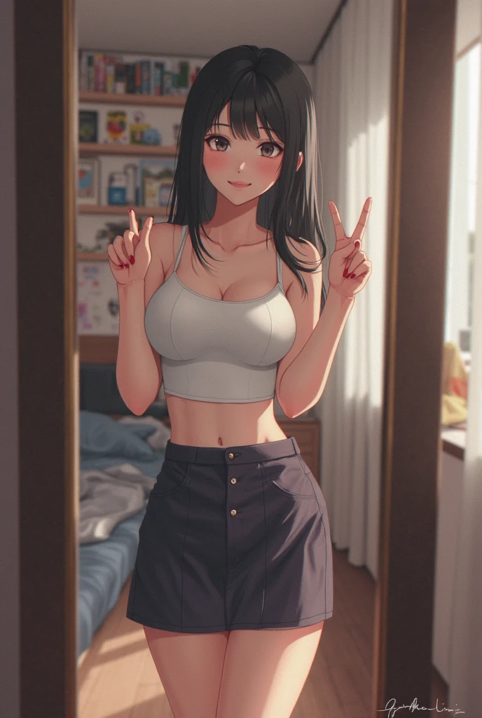 Girl, cute, adorable, smiling, straight hair, long hair, black hair, Showcasing cleavage, standing, one hand up,
(V-sign:1.2), 
looking at the camera, From the front, my room, morning, Halter Top