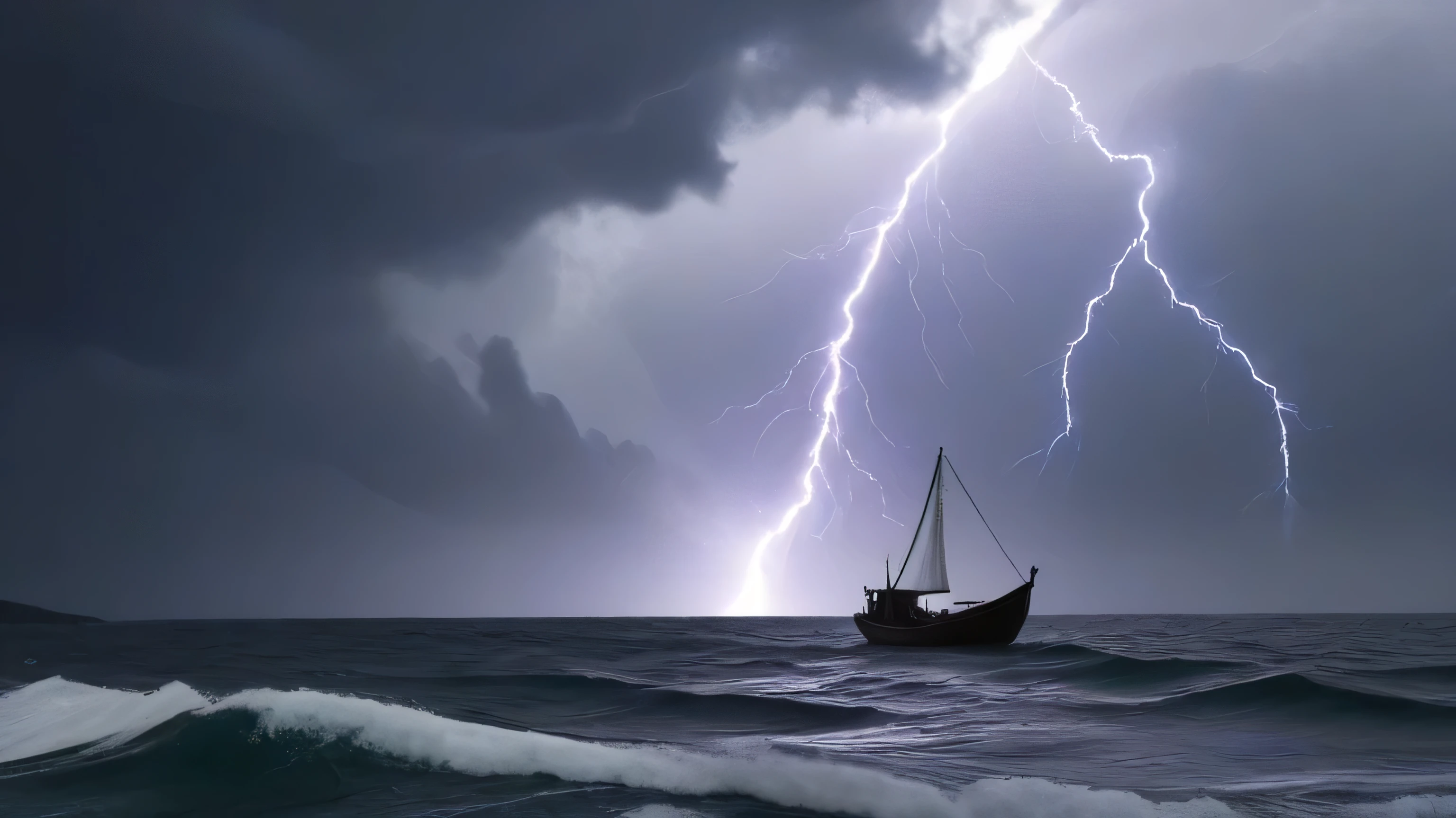 A dramatic nighttime scene over the Sea of Galilee with stormy waves and strong winds. In the center, Jesus, dressed in a flowing white robe, walks calmly on the water with a radiant glow around Him. His expression is peaceful and full of authority. In the foreground, Peter, wearing ancient fisherman robes, is stepping out of a wooden boat, his face showing a mix of faith and uncertainty as he carefully walks toward Jesus. The boat is rocking due to the storm, and the other disciples inside look on with expressions of fear and amazement. The background features a dark cloudy sky with flashes of lightning, and in the distance, a mountain where Jesus was praying earlier. The entire scene is illuminated by a supernatural glow surrounding Jesus, creating a sense of divine power and awe.