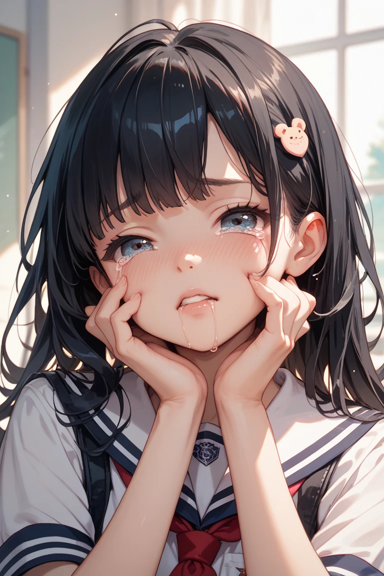 (Highest quality, 4K, 8k, High resolution, masterpiece:1.2), Very detailed, (Realistic, photoRealistic, photo-Realistic:1.37)、smile、Japanese、(High School Uniform)、Squatting on top of the、((()))、Lips parted,Shot up to the waist