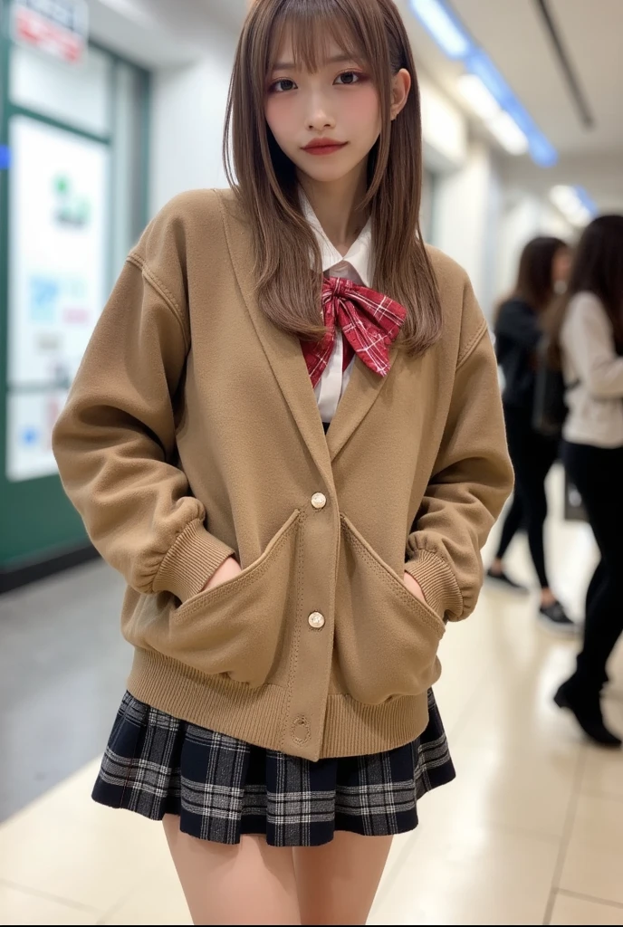 sidewalk, RAW photo, 8K, highest quality, super high resolution, beautiful face details, real human skin, gentle expression, front view, angle from below, shawl long hair, realistic, realistic, cute, short skirt, standing deep in the city, cute schoolgirl, japanese schoolgirl uniform, wearing japanese school uniform, surreal high school girl, full body,