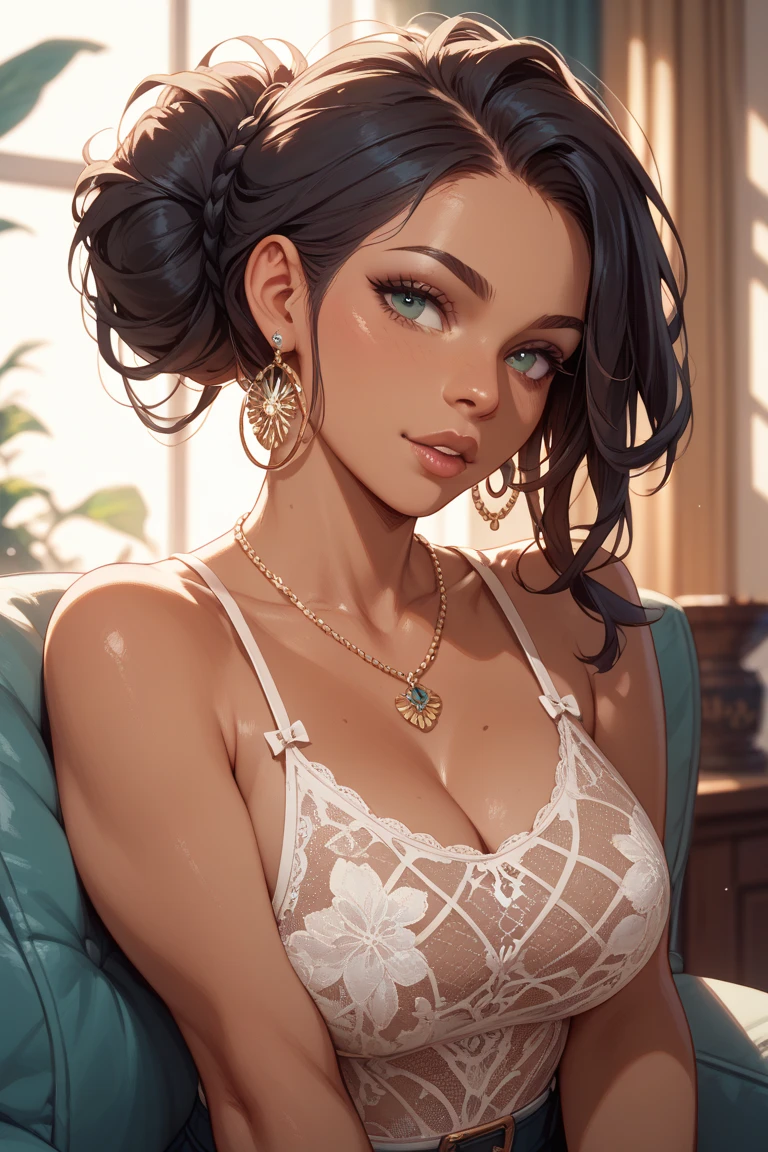 Uma bela mulher de olhos verdes e cabelos castanhos longo ondulado (Brown hair) (Detailed strokes) olhos de princesa cilios sexy curvy