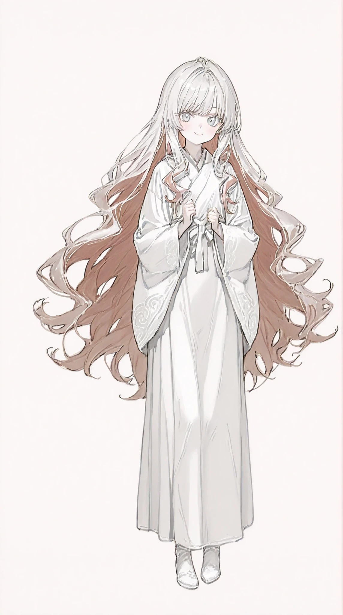 masterpiece、Close、Ultra High Quality、best quality、、 kind、Active、Ladylike、cute、delicate、very long hair、Curly hair、Unruly hair、long hair per person、anime style、((Cherry-colored hair:1.5))、((silver eyes:1.5))、bungs、pure white skin、Original Character、intricate design、Unique Design、Long Lashes、full bodyの描画、request、Possible Adoption、full body、background、((白いbackground:1.5))、full body、pure white skin、background無地、backgroundなし、characters only、vibrant colors、Japanese style、 kimono、Ninja、smile。