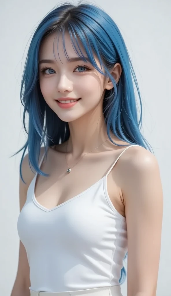 Gorgeus Girl, Beautiful, Baby Face, 20 Years Old, White Skin, Colossal Breasts, Side Pose, ((Cleavage)), White Classy Checkered Dress, Blue Eye, Muscles, Bokeh, Masterpiece, Medium Bob Blue Hair, simple blue wall, off-shoulder, cute smile, ((seductive face))