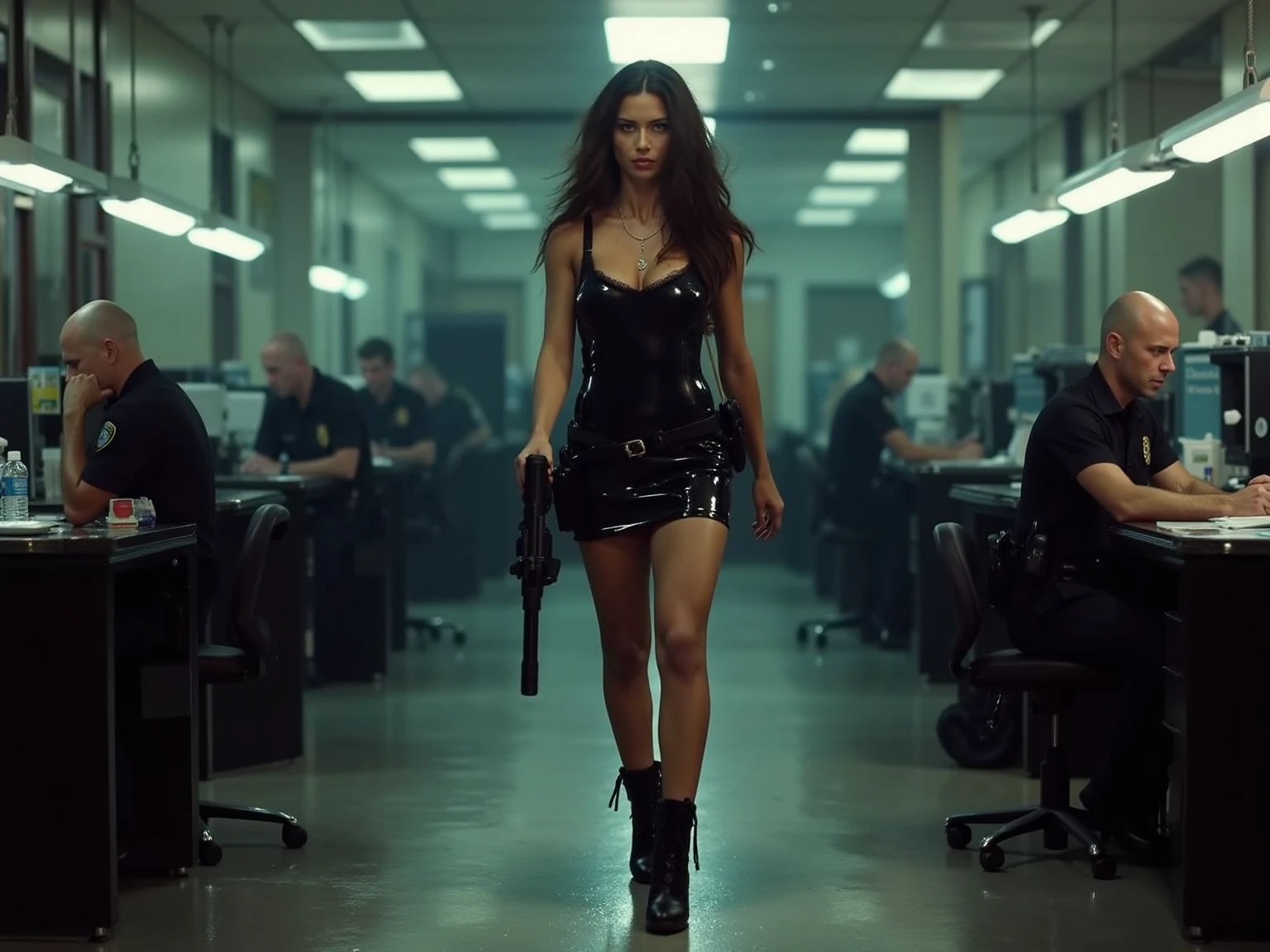 matrix inspired futuristic long corridor with all-glass wall, glowing rainbow auto weapon image displaying on wall, (low angle view), at dark night, background darkness:2.0, (1girl, solo, alone), medium-breast slim:0.6 body, oval:0.5 face, cleavage:1.1, sexy black laced bra, miniskirt, white laced panty, coat, (black micro sunglasses), (holding a short gun), (slightly leaning forward running pose, motion blur effect), (half-body thigh level medium shot), cinematic blurred lighting, ray tracing.