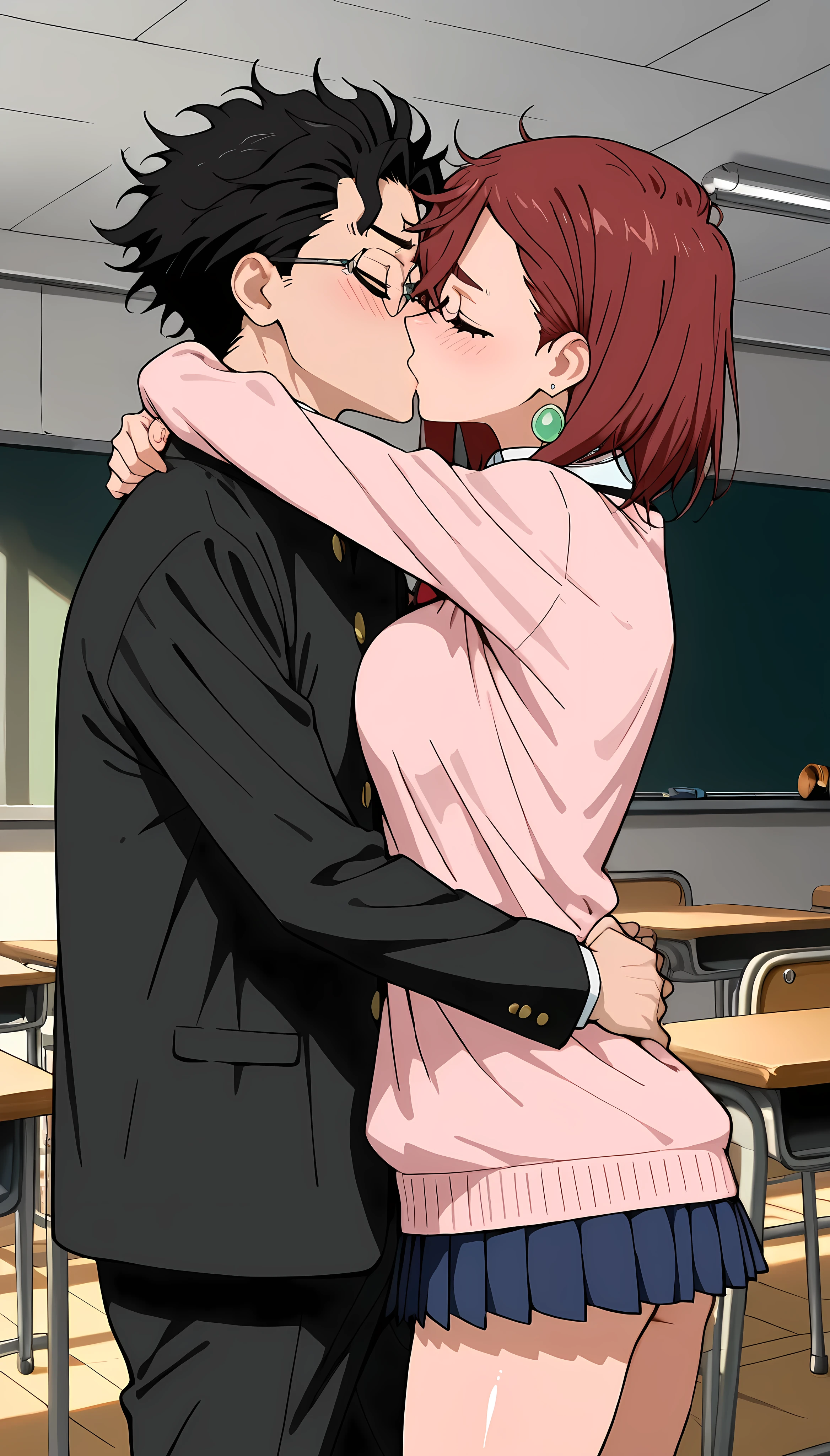(masterpiece,best quality:1.2,amazing quality,very aesthetic,absurdres,newest),takakura ken,Ayase Momo, Dandadan),1man and 1woman,kissing,hug"(adult),(very small head:1.2),(ideal ratio body proportions:1.2,slender body:1.2,skinny:1.2),medium breasts,shy,shiny skin,school uniform,pink knit,pleated miniskirt,classroom,