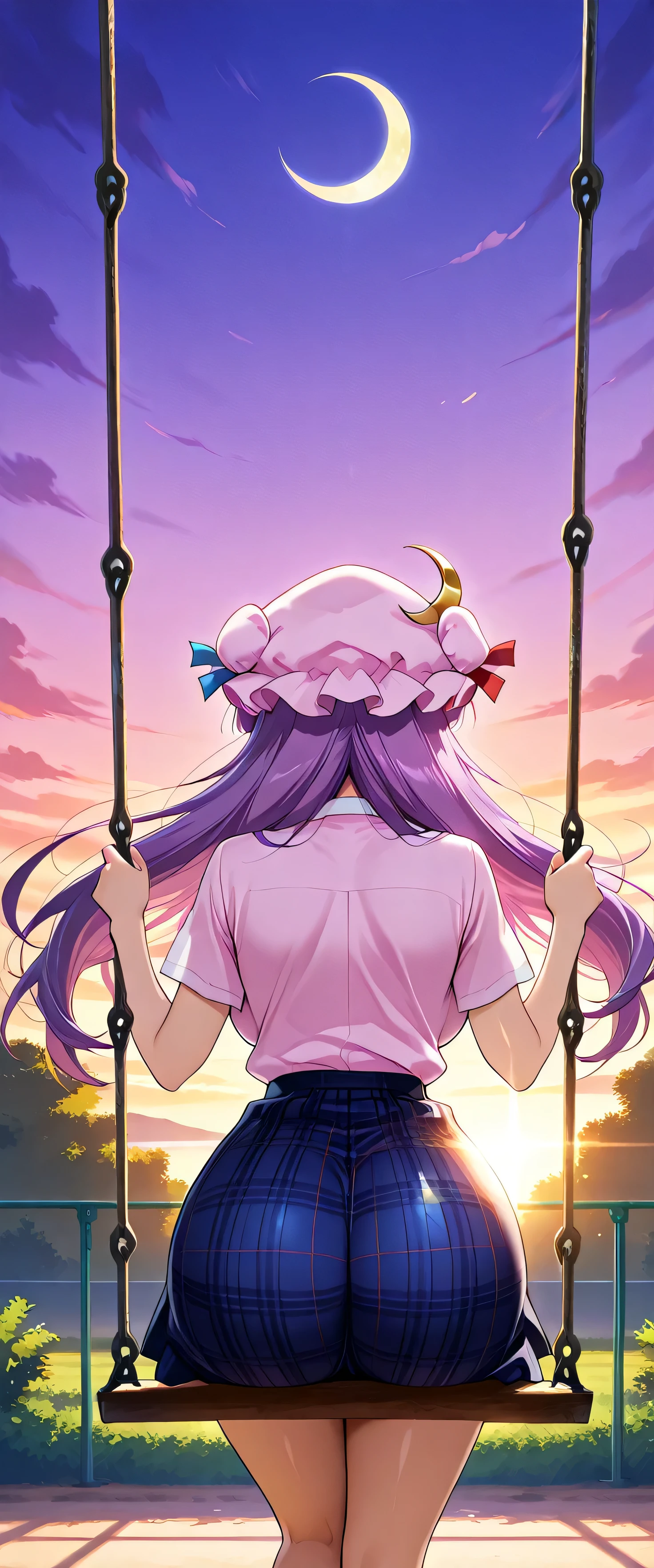(beautiful girl:1.3),masterpiece,Please redeem,Ultra-high resolution,rich contrast,Very high quality,8k,Highly detailed CG unit wallpaper,Texture,So ridiculous,RAW Photos,Highest quality anime,anime-style illustration,studio anime style,professional photograph,an extremely delicate and beautiful,Depth of written boundary 1.2,ultra-detailed eyes,Glowing Skin,Glitter Effect,Beautiful glossy lips,patchouli knowledge, 1girl , alone, purple hair,very short hair, purple eyes, mob cap, pink headwear, crescent hat ornament, blue bow, red bow, hat ribbon, hair bow, Crescent Pin, red ribbon, (school uniform, short sleeve shirt, summer style with light fabric, plaid skirt),, big breasts,Big Round Ass,garden,sunset,lens flare,swing,(She's on the swing),(Rear View:1.5)