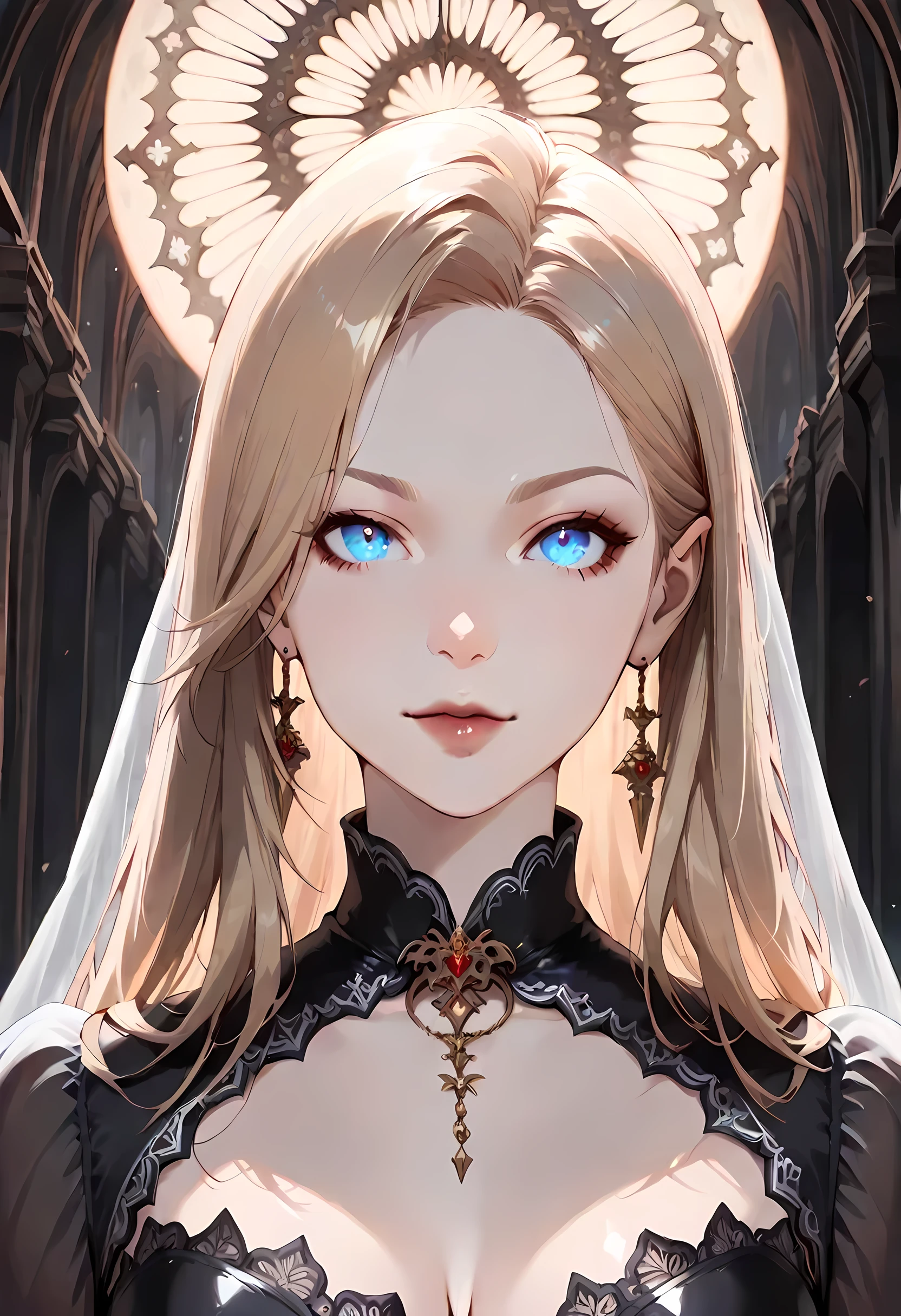 dark fantasy art, a picture of a fantasy, a beautiful female vampire, best detailed face,  pale skin, blond hair, glowing eyes, blue eyes, wearing black dress, (transparent voile fabric dress: 1.3), goth dress, small cleavage, intricate dress, it is night time, the moon is in the sky, a sense of dread, soft light. moon rays. high details, best quality, 16k, [ultra detailed], masterpiece, best quality, (extremely detailed), close up, ultra wide shot, photorealistic, RAW, fantasy art, dnd art, fantasy art, realistic art,((best quality)), ((masterpiece)), (detailed), perfect face, fantasy, Vampire Dress