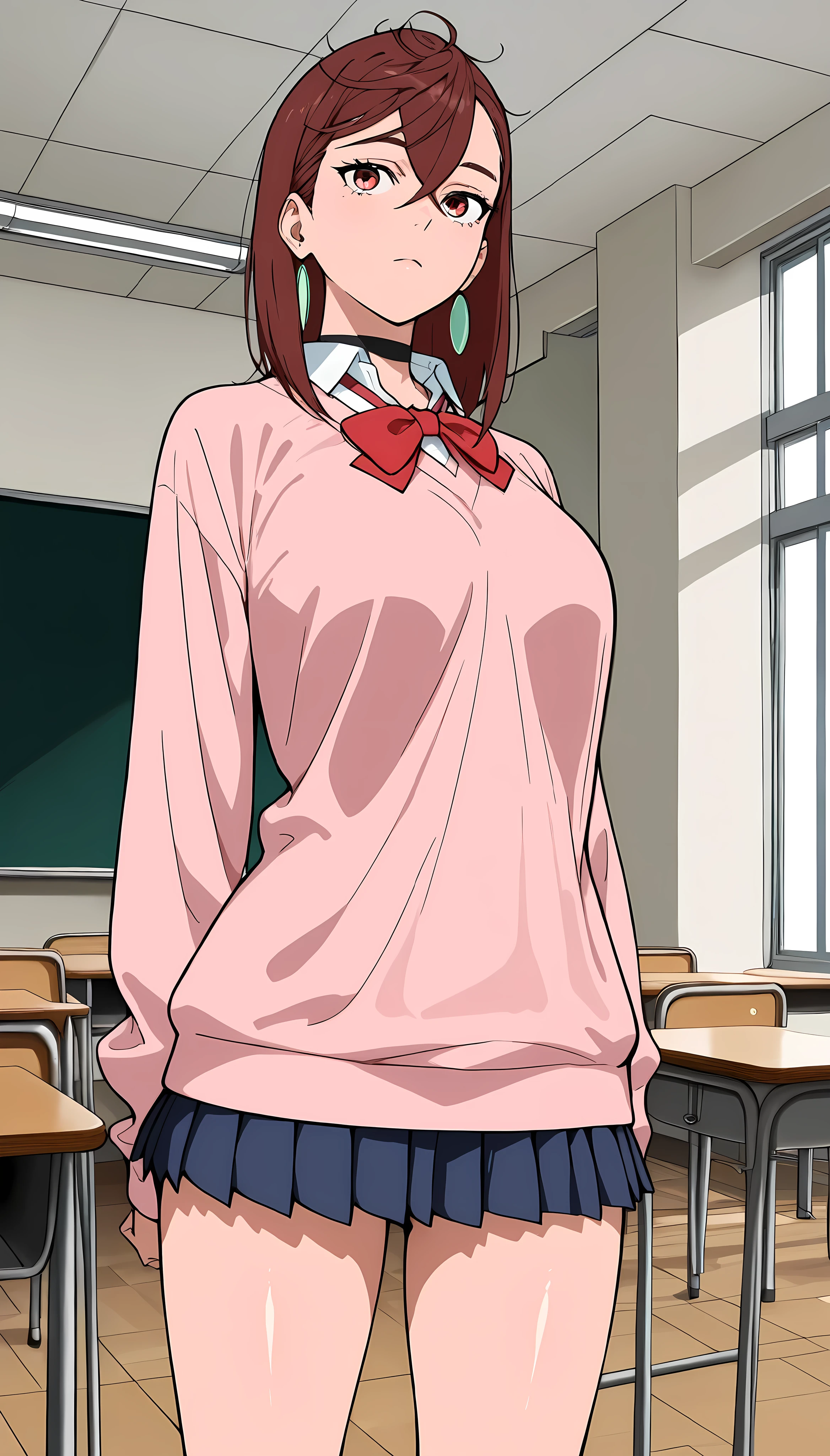 (masterpiece,best quality:1.2,amazing quality,very aesthetic,absurdres,newest),Ayase Momo, Dandadan),1woman,Alone,(adult),(very small head:1.2),(ideal ratio body proportions:1.2,slender body:1.2,skinny:1.2),medium breasts,brown medium hair,shiny skin,school uniform,pink knit,pleated miniskirt,classroom,