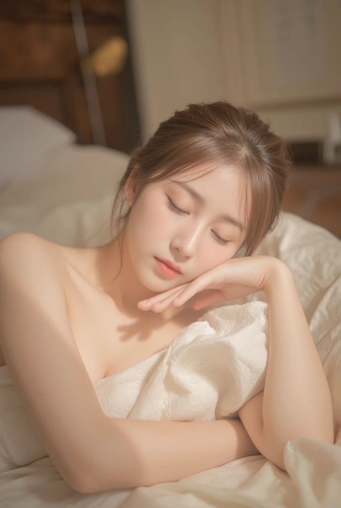 (Highest quality, 32k, High resolution, Masterpiece:1.5, ), marimo_jet, god々A photograph with brilliant dazzling and healing power., Evoking a sense of calm and elusive beauty, Expressing emotions, Have a rich imagination,Beautiful Japanese Girls, ((One person:1.7)), ((Sleeping in bed:1.4)), An exceptionally beautiful face, Small Face Beauty, Perfect Human Anatomy, Motherhood and generosity, Deep Love, Innocent sleeping face, Close ~ eyes, Shiny brown hair, Intricately detailed long hair, Asymmetrical bangs, Hair between the eyes, Transparent, soft white skin, Sharp eyebrows, Thin lashes, No makeup, Pale pink detailed lips, , ((Grey camisole:1.2)), High resolutionの完璧な鎖骨, High resolutionの美しい胸元, Slim figure with ample breasts, High resolutionの美しい太もも, ((A bright room with morning sunlight streaming in:1.3)), ((White bed:1.3)), Professional Lighting, Professional photographer, Professional models, god秘的
