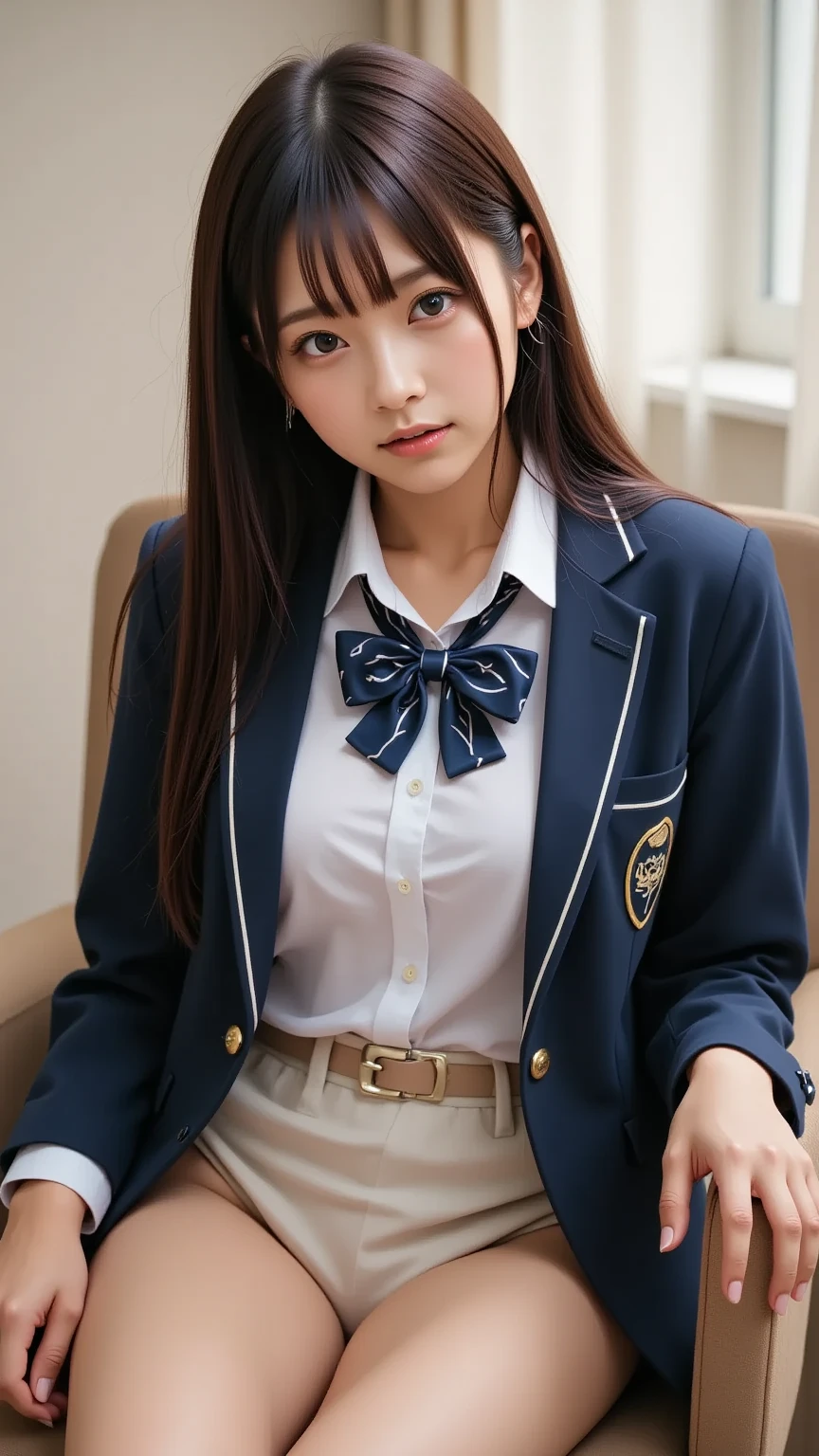 (1girl), (highly detailed face), Amazing face and eyes, (Best Quality:1.4), (Ultra-detailed), (extremely detailed CG unified 8k wallpaper), Highly detailed, High-definition raw color photos, Professional Photography, Realistic portrait, Amazing face and eyes, Pink eyes, (hi-school uniform, pleated mini skirt:1.3), brown hair, model, depth of fields, School, classroom,