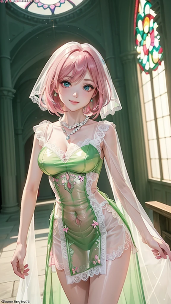 (masterpiece), best quality, expressive eyes, perfect face, mature woman long pink hair, perfect body, white short dress ((perfect dress, thight dress, from shoulder to thight)) short gloves, looking front, pale skin, green eyes, glossy skin, full body, beautiful pose, 5 fingers (each hand), perfect hands, perfect feet