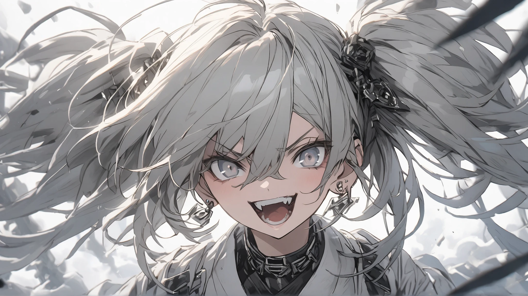 Gal, earrings, light blue twin-tail hair, gray eyes, white kimono, heavy metal