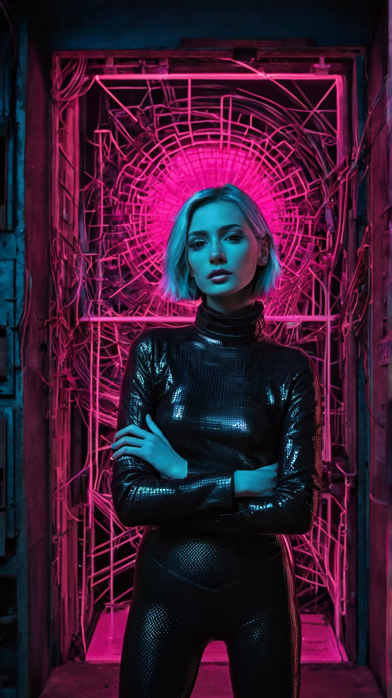 Cyberpunk-style photo of a young woman with a sharp bob haircut, white hair with a single pink streak, and a mysterious expression. She’s wearing a sleek, futuristic black and white outfit, holding a thin cable between her fingers. The character is standing in a dimly lit, high-tech interior with deep purple and blue neon lighting. The scene is shot with a cinematic focus, emphasizing the contrast between the vibrant lights and shadows, mid-level framing from the waist up, on a Sony A7R IV with a 50mm lens, (in the style of Blade Runner-inspired photography by Liam Wong:1.4).