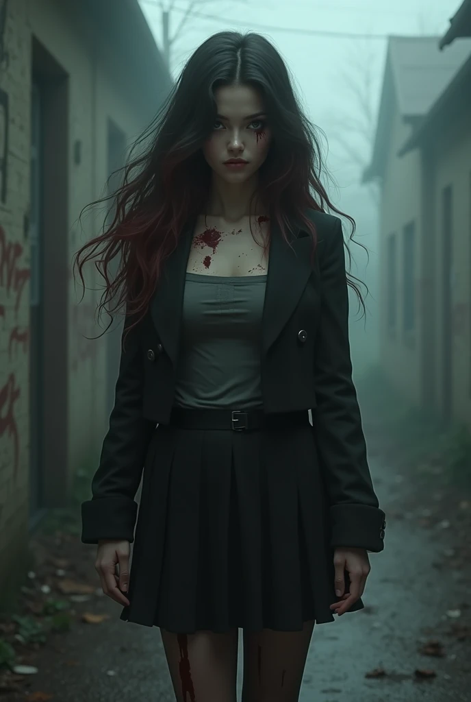 girl, blood at the corner of the mouth, battlefield, red, dirty glass, mutilated top, machinery, zombies