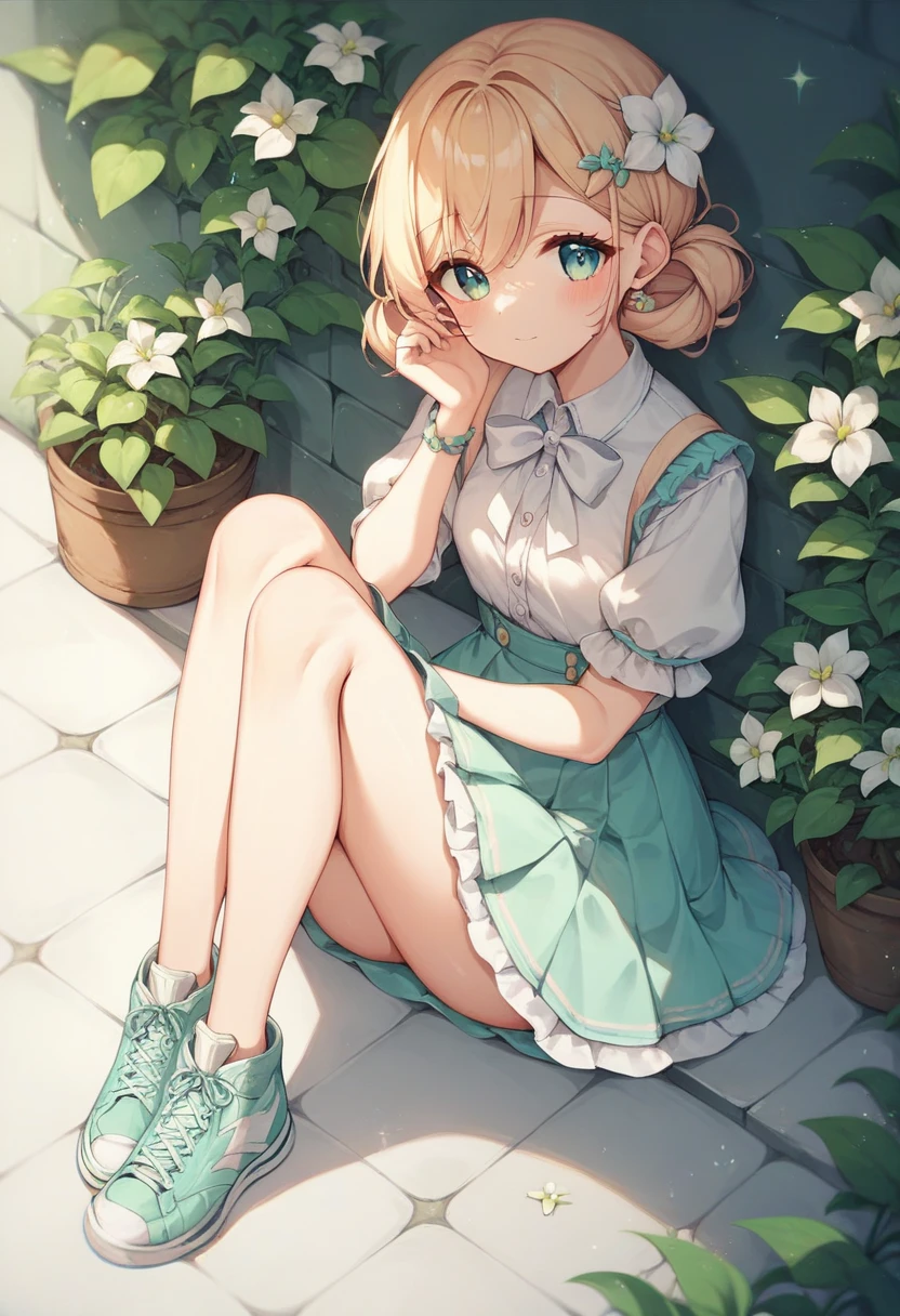 top quality, full body portrait, 1girl, European, blonde hair, delicate face, cute face, 16 year old, mature Female, lifted full brests, delicate Vulva, green summer dress, off-shoulder style, white lace panties, white socks, brown penny loafers, seating on wood bench on lush green lawn in park, Colorful roses are blooming throughout the park, (shot from the front:1.1), looking at viewer 、 --Counterfeit-V3.0 --auto --s2