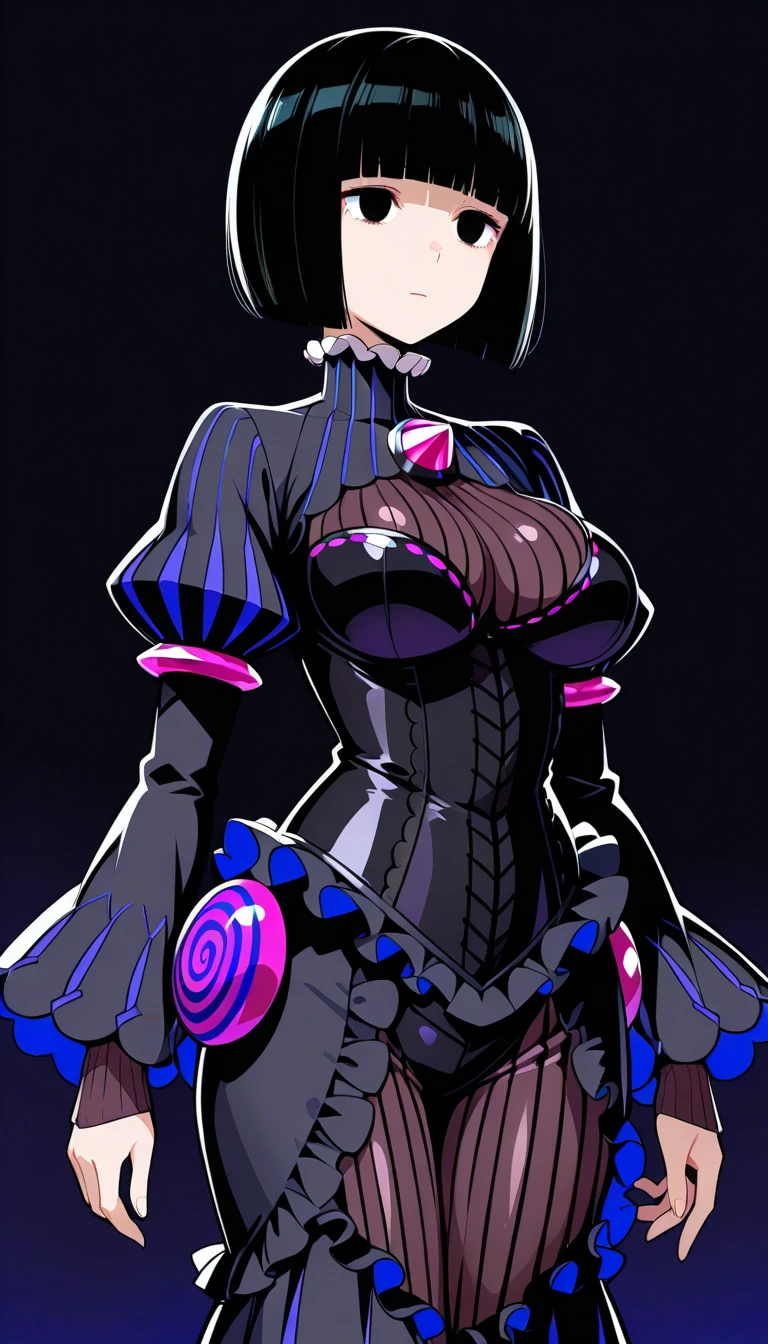 young girl, short black and purple hair, Short braid, bunny ears, Yellow eyes, purple lipstick, Gothic dress, open breasts, Smile, Masterpiece, hiquality