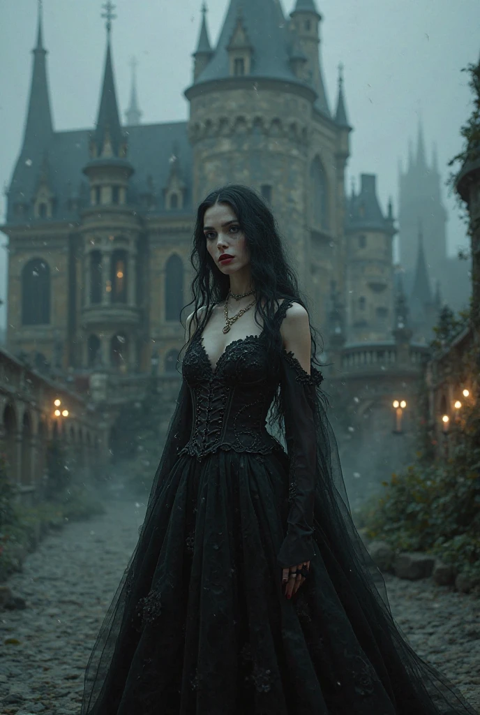 18-year-old girl in sexy gothic look models in front of an old Victorian castle,strap holders, strapse, corset