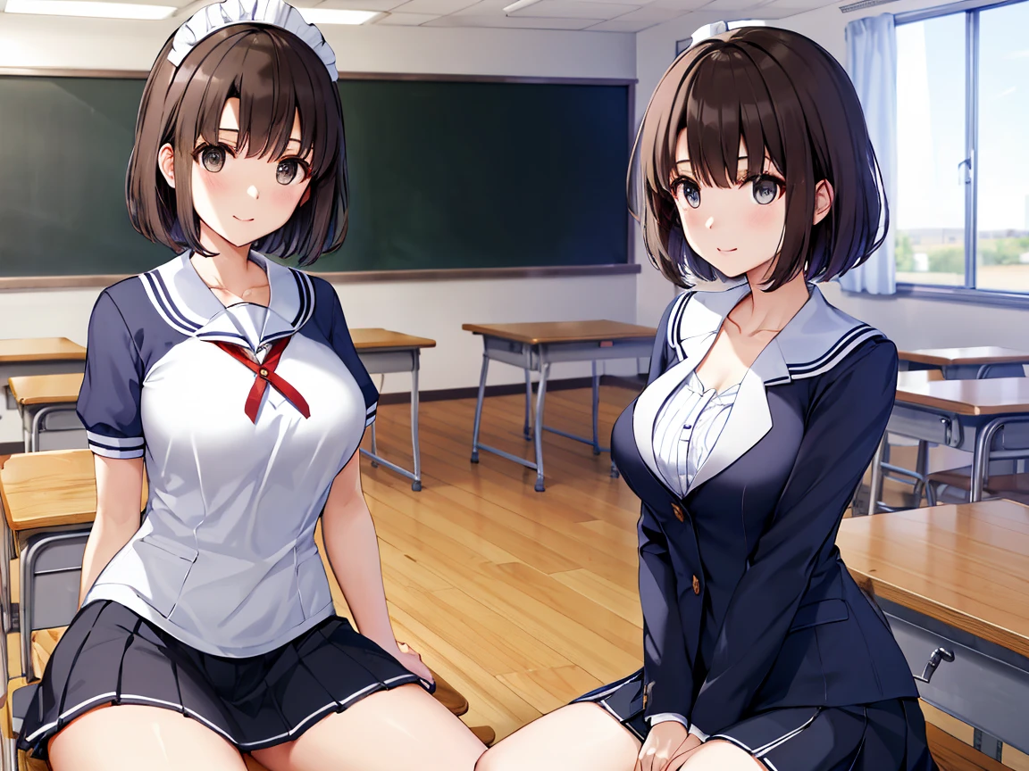 masterpiece, highest quality, High resolution, 100+girl, crowd, Identical sister, clone, uniform, Matching outfits, Long Hair, Curly Hair, ponytail, Matching hairstyle, Hazel Eyes, Brown Hair, Black tie, Blue ribbon, Brown Skirt, salute, smile, indoor, Cowboy Shot, whole body, barefoot, Black high heels、Nipples are visible