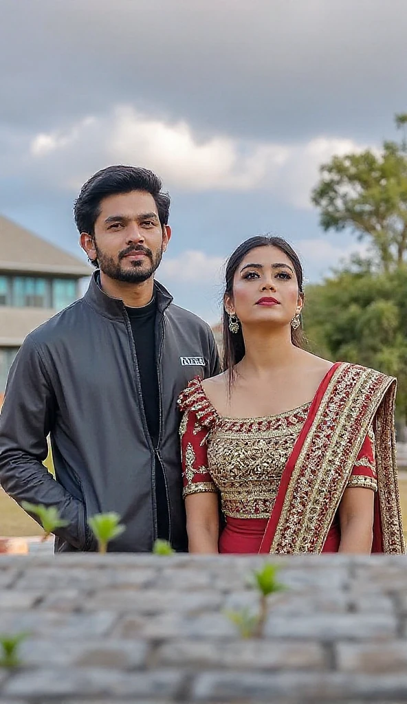 indian boyfriend girlfriend in a romantic pose, girlfriend is wearing a sleeveless gown, boyfriend wearing black shirt, romantic ambience, cinematic, 8k resolution