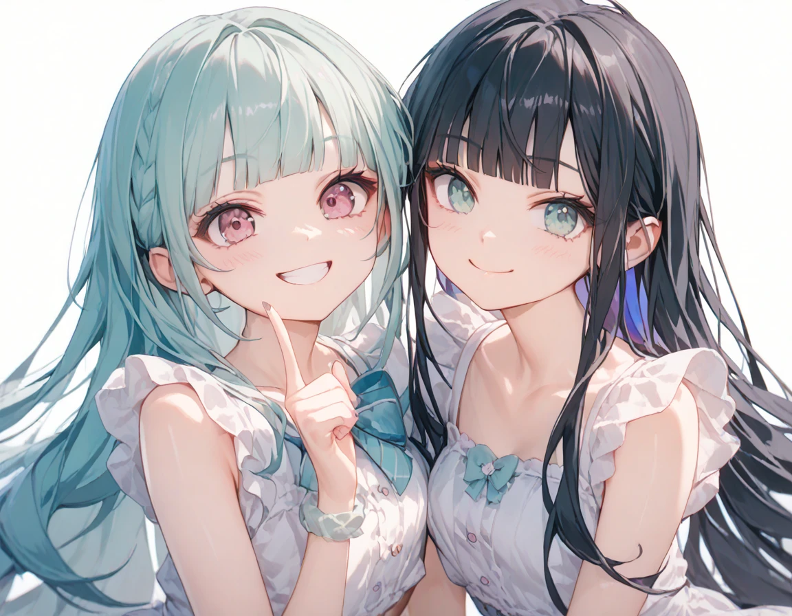 Cute two girls with skirt belly punch in the corner of the ring,((masterpiece)),long hair,beautiful white skin、 ((charming))、happy smile、perfect proportions、(((Kickboxing)))、(((Mixed wrestling))), cute woman, baby face, BREAK source_anime, high detail, looking at viewer,POV, large chest, best quality, highly detailed, young face, white background,Droopy eyes,relaxed face,attacking girls,frilly skirt,heart hair ornament,Fist,hime cut,black long hair
