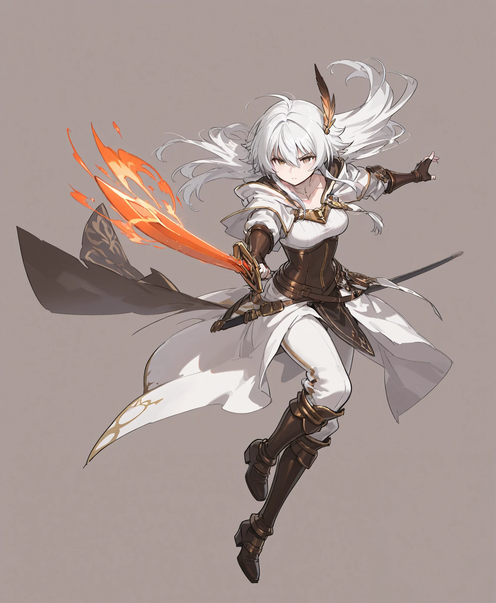 fight scene、high quality DVD、great details、hair color random、full body、Gravekeeper、Colorful、Simple Background、sword、 white costume、Feather
