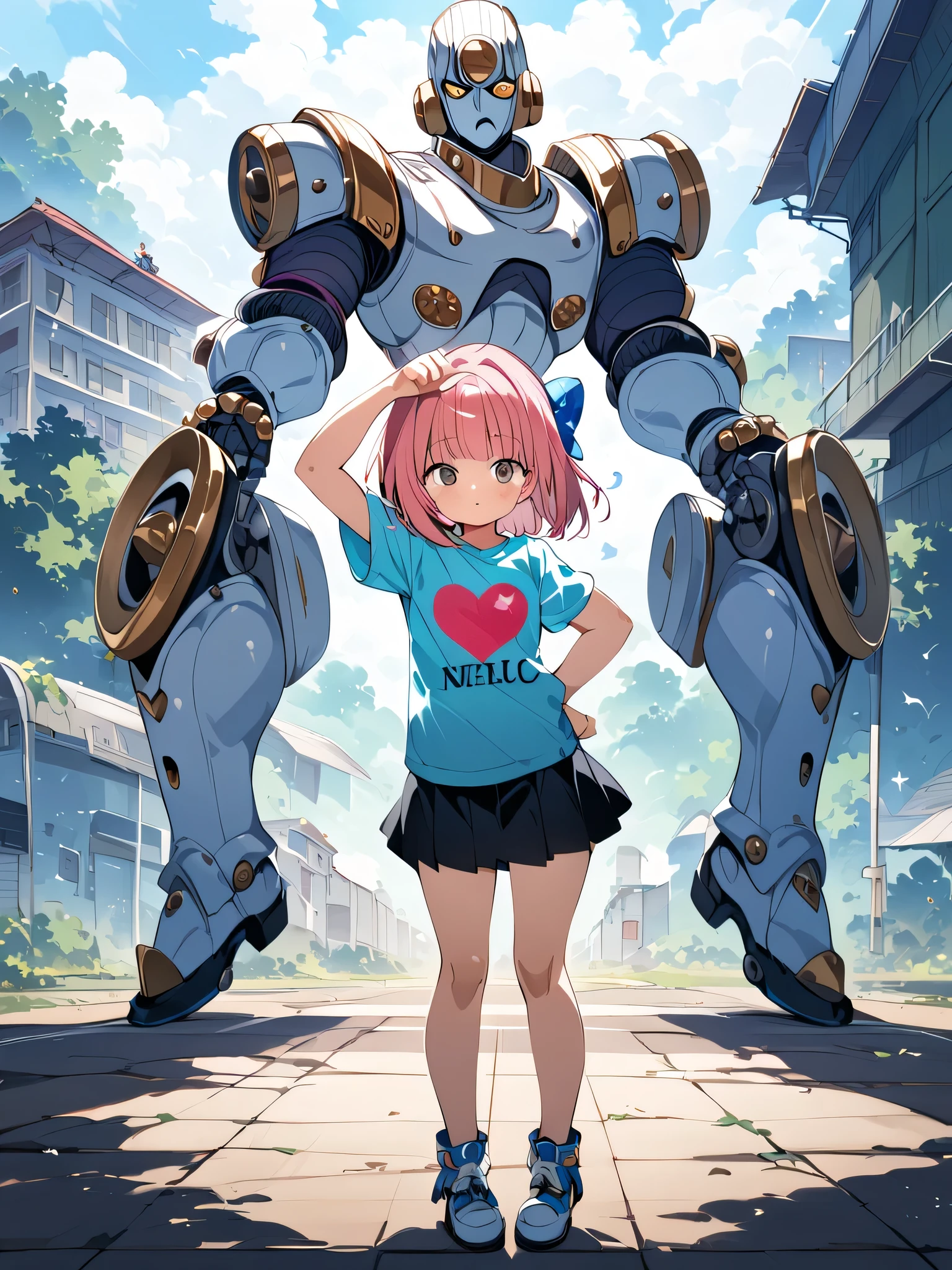 A girl strikes a pose with her hand on her head, stand(jojo), looking view, standing, ((fullbody)), Source Anime, (Masterpiece), (Best Quality)), (Very Detailed), ((Cute)), (Amazing), (Detailed)), 4K, (8k), Highest Quality , (beautiful), perfect anatomy, ((perfect hands)), (perfect fingers) ultra-definition depiction, break ((1girl)), 16's years old, medium hair, quick bangs, round face, "", pink hair, ((grey eyes)), hair bow, cute eyes, ((light blue long t-shirt with mini skirt)), ((heart on t-shirt:1.3)), natural make up.
