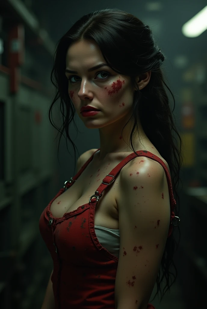 masterpiece, highest quality, 8k wallpaper, High resolution, Turn your back、turn around、Octane Rendering. girl, alone, (Hunter DBD), (White shirt, Blue Overalls), Looking at the audience, (body, arms, Blood, mask), Gray background, fog, Grave, Detailed landscape, Front viewer, skull, Horror (theme), Sickle, Advanced Setting. The girl (Medium Messy Hair, Hair on her shoulders, Shiny black hair: 1.2), (Bright red eyes: 1.6), (Sharp teeth: 1.2), (A body with perfect anatomy, Perfect natural texture, Attention to detail, Shiny skin ) Cinema Lighting, Vibrant colors, Detail view, Depth of written boundary.