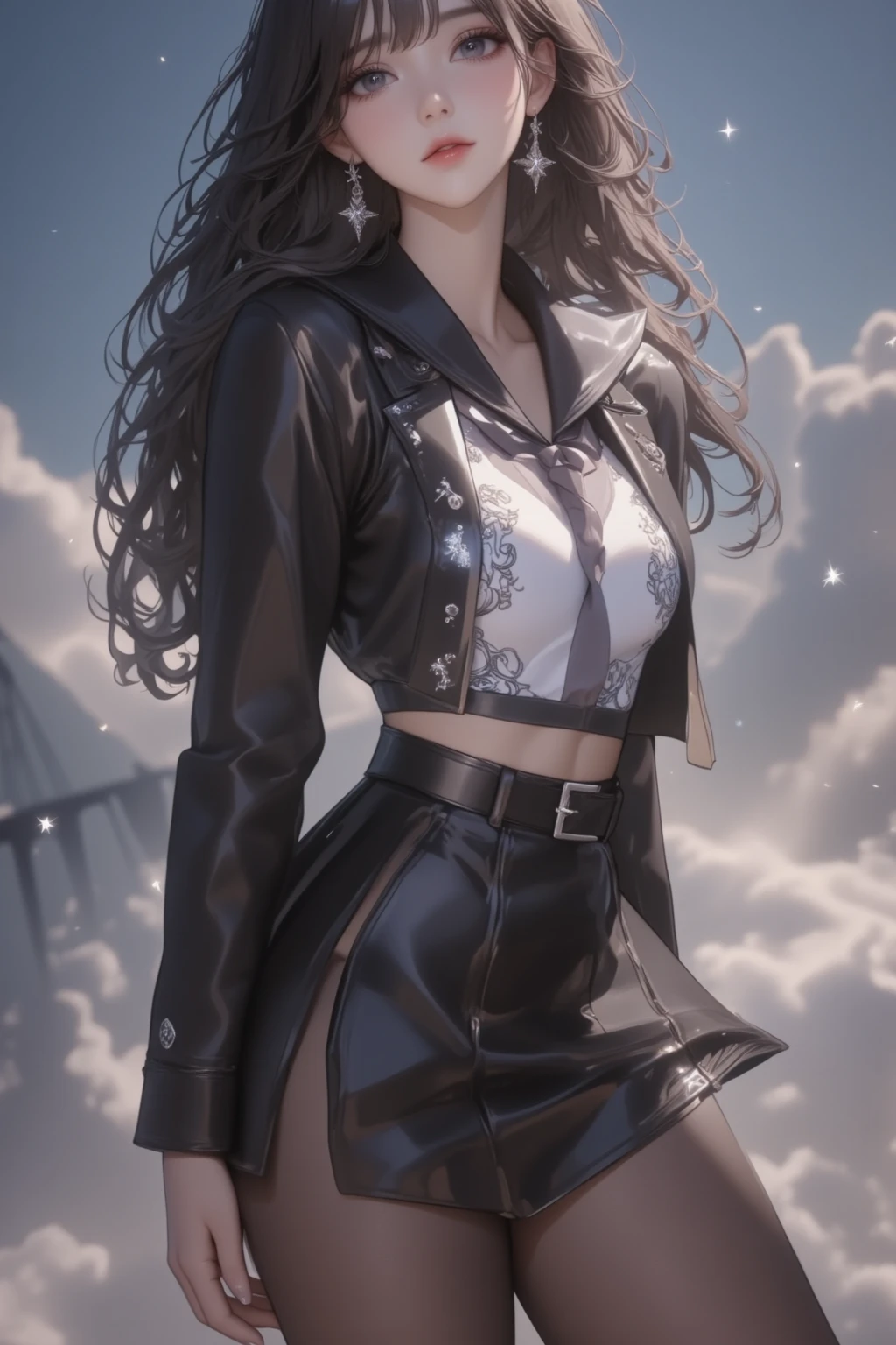 ((21-year-old))) black girl, (((light skin))),  (((close-up full body pose))),  (((long wavy black hair))), high heel boots, (((silk thigh highs))), (((wearing sexy business skirt, white shirt))), dark fantasy art, Rich, Deep Colours, (intricate details:0.9), (HDR, hyper-detailing:1.2), (natural skin textures, hyper realisitc, soft light, Sharp),