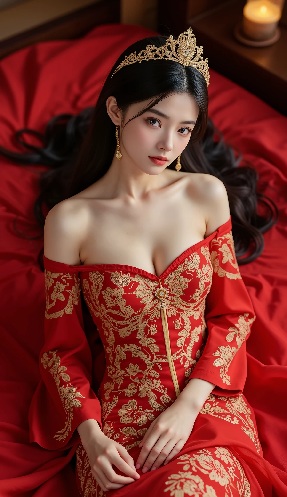 (Surrealism), (illustration), (high resolution), (8K), (Very detailed), (最佳illustration), (Beautiful and delicate eyes), (best quality), (Super detailed), (masterpiece), (wallpaper), (lifelike), (Natural light), (Side lighting), (Delicate face), (高度细致lifelike的皮肤纹理), (Anatomically correct), (Solitary), (1 girl),(Hyper-realistic 8K CG: 1.2), Perfect work of art, Exquisite patterns, Intricate details, (An unrivalled masterpiece, best quality: 1.2), (Extremely complex: 1.2), woman in red and gold dress, ((dark brown hair, Big tits:1.2 )), (Low-cut，Deep V),Phoenix Coronet, hair stick, (Red bed: 1.3), cosmetic, blush, Shy, (Smile),Black_hair, Looking at the audience, cosmetics, (Lace，silk), (chiffon:1.5),Show her breasts， (Open chest:1.5),，Chinese_clothing, ((Red loose comfortable clothing:1.4)),(Large Breasts),D cup ，curtain, earrings, hair_decorate,Hanfu, Internal, Jewelry, Red nails, long_sleeve, （在Red bed上，Red pillow:1.6） ，（minuscule underwear:1.5），Red Dress, red lips, tassel, (Red pillow,Red quilt), (Red Hi Word: 1.2), (ancient Chinese architecture),, night,（Chinese婚礼），（chiffon:1.3）（Marriage room），中式Marriage room，（Phoenix Coronet霞帔:1.5）,（bridal chamber），(joyful eyes:1.5),Show your shoulders，Tube Top，