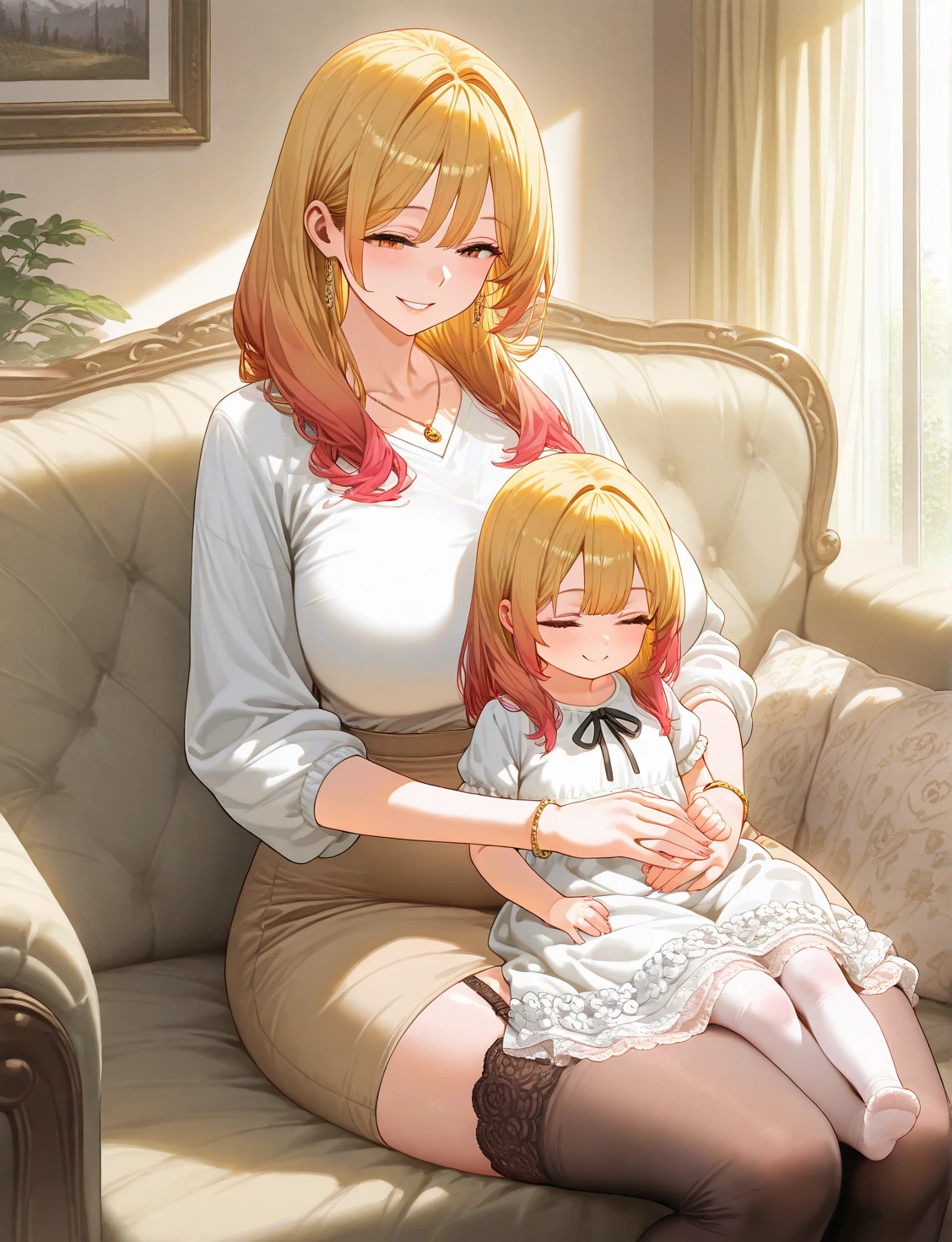 Beautiful 23 year old large blonde woman in lingerie, sitting on a , pubic hair, big one bare breast, tongue with pleasure, in a softly lit bedroom on a cozy bed and warm flowers, sex with little 7 year old redheaded son in pajamas. a small 7-year-old boy inserts his penis into the crotch of a woman, resting his crotch, a little boyssionate, movement lines.