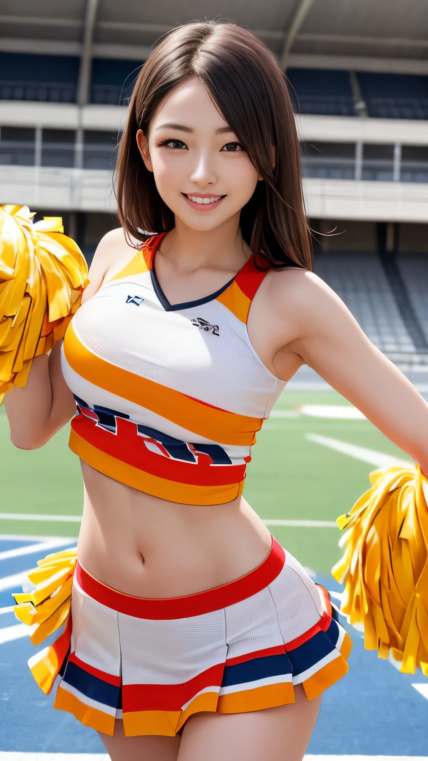 Two all-around Asian cheerleaders posing dynamically with pom-poms at the stadium、write、Close-up、Cosplay Photo、Anime Cosplay、Shortcuts、cute、Raw photo, Highest quality, High resolution, (masterpiece), (Photorealistic:1.4), Professional photography, Sharp focus, Hmph, 8K resolution, Intricate details,  Depth of written boundary, Highly detailed CG Unity 8k wallpaper, woman, With a girl, Beautiful Supermodel, Laughter、Slender、Small cheer uniform、yellow、Huge boobs:1.2